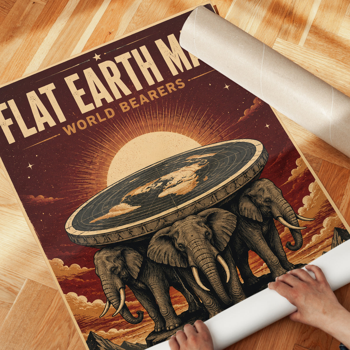 Flat Earth Map Poster: Vintage Mythological Elephant Design - detail