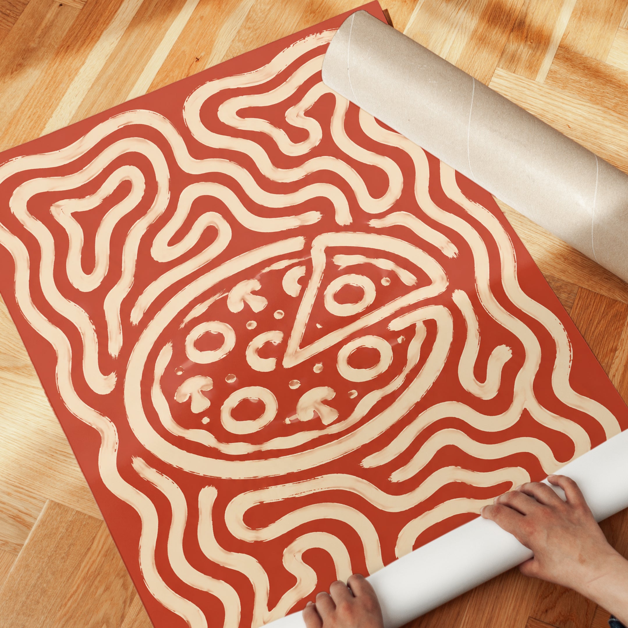 Pizza Art Print: Retro Groovy Red and Cream Poster Design - detail