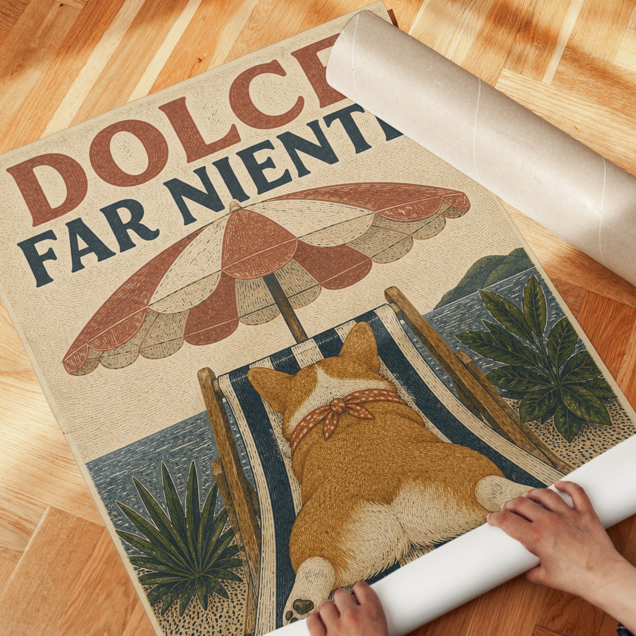 Dolce Far Niente Corgi Print: Vintage Italian Coastal Poster - detail