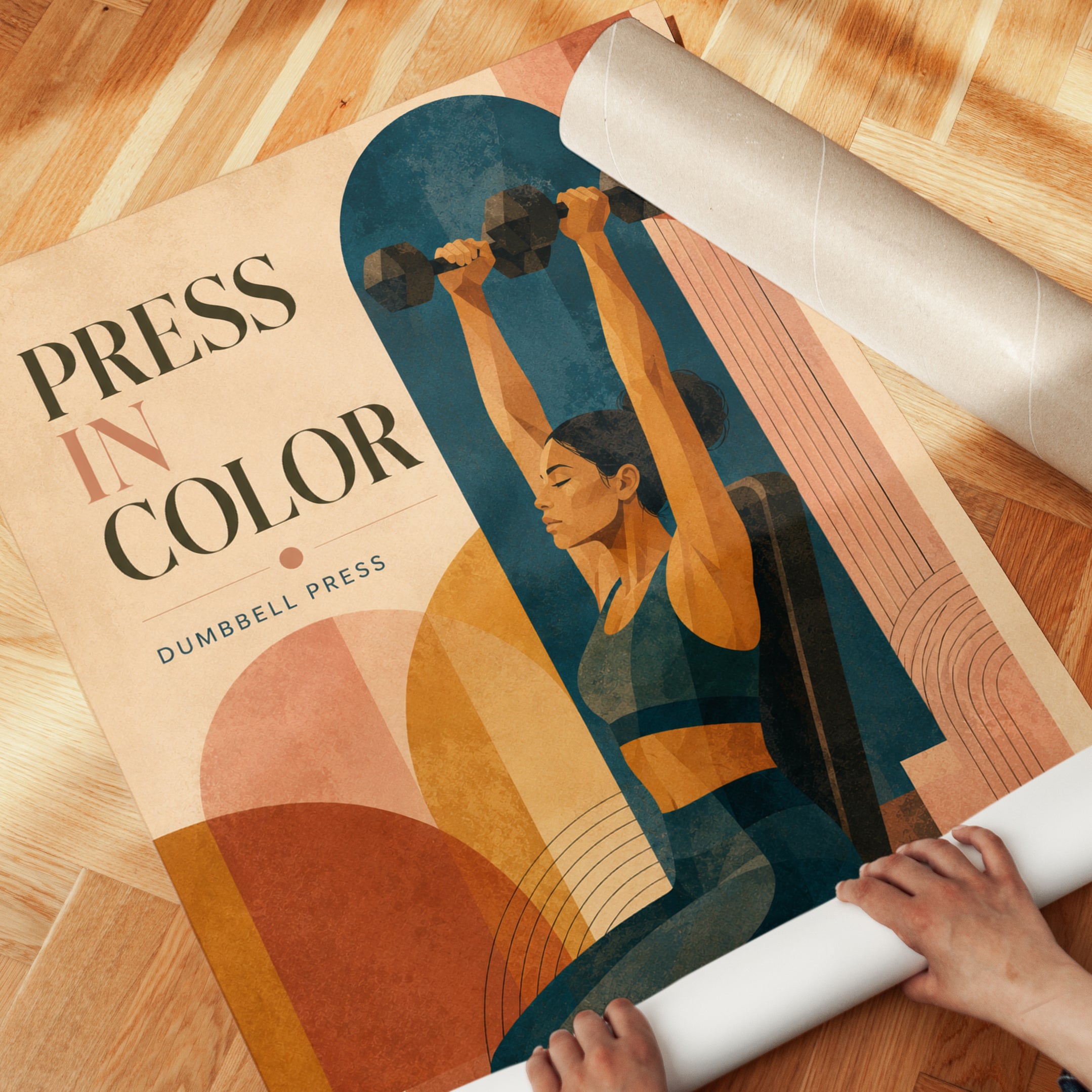 Dumbbell Press Fitness Poster: Art Deco Geometric Workout Print - detail