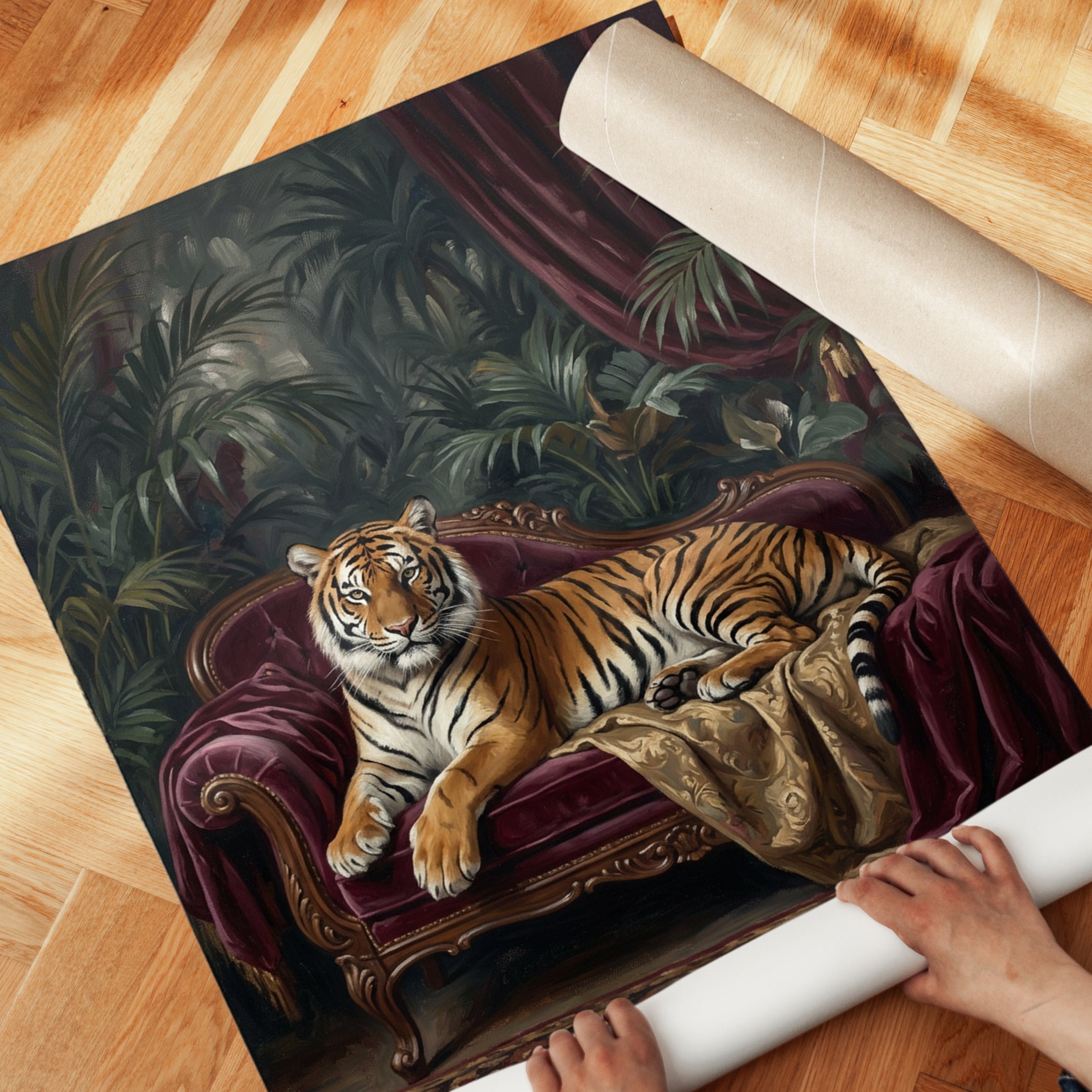 Tiger Portrait Art Print — Ornate Velvet Sofa - detail