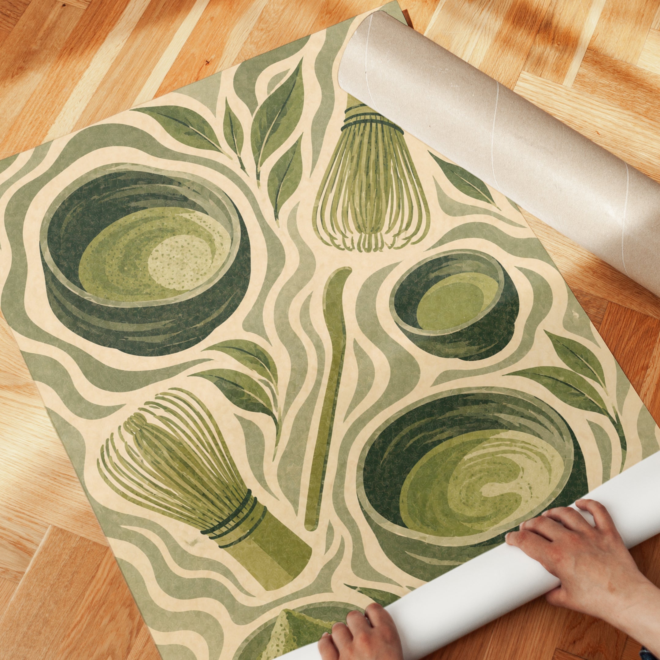 Matcha Tea Ceremony Art Print: Art Nouveau Green Kitchen Decor - detail