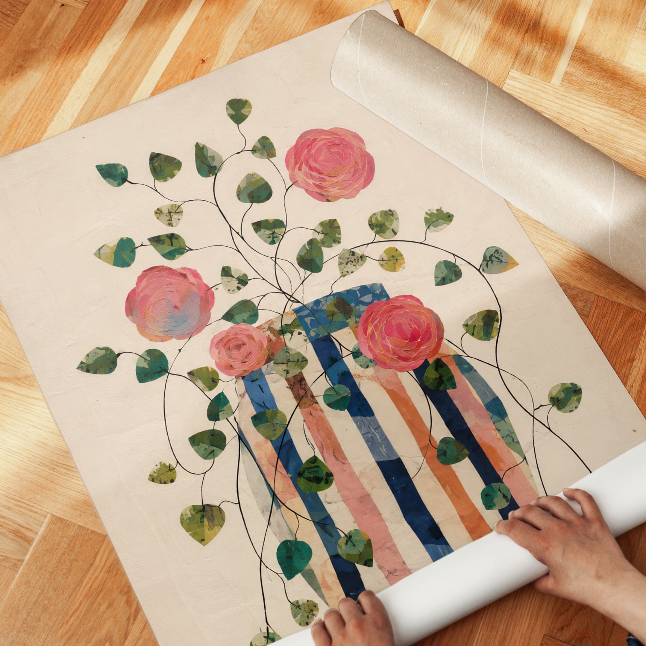 Ranunculus Floral Vase Print: Folk Art Botanical Wall Art - detail