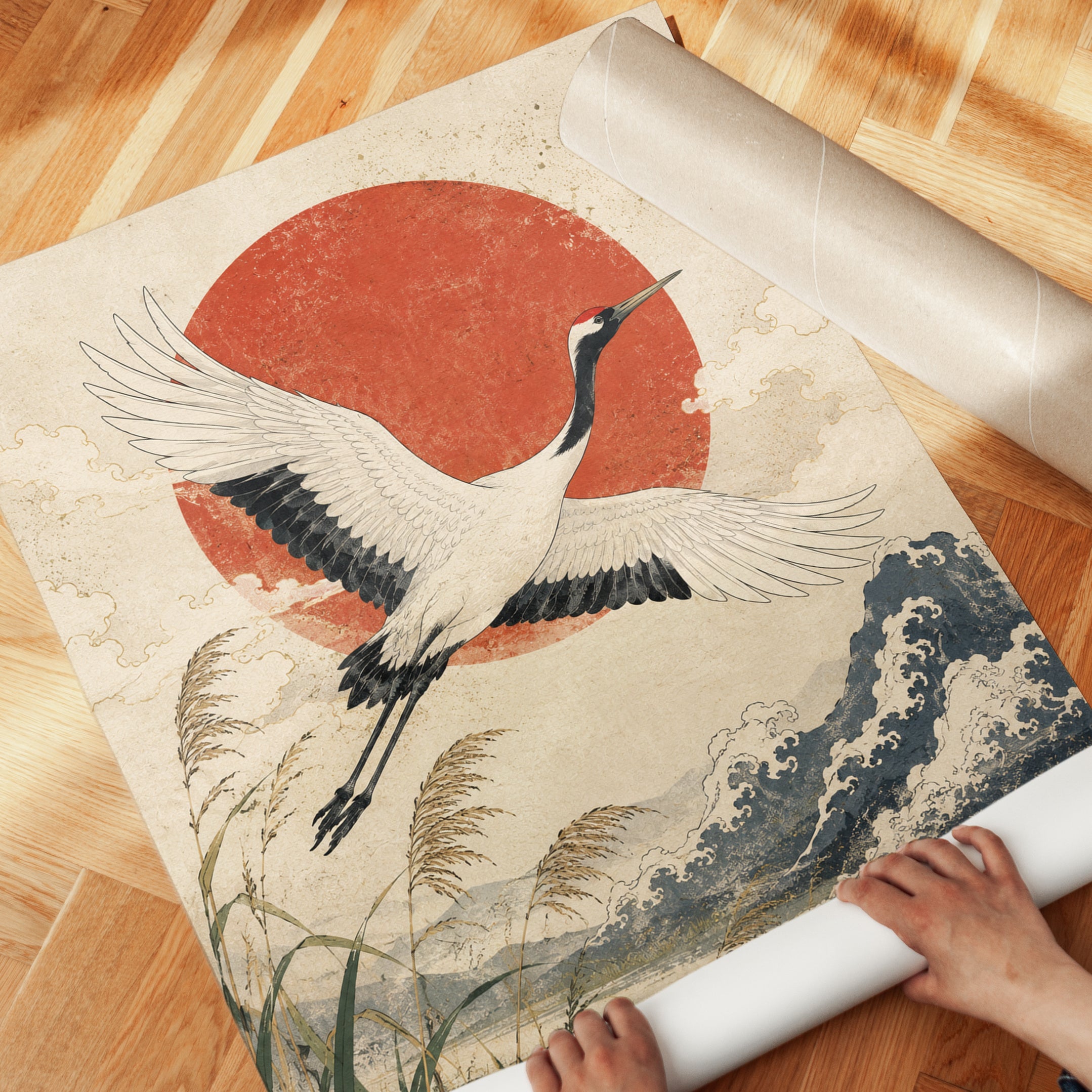 Japanese Crane Art Print: Vintage Red Sun and Wave Design - detail