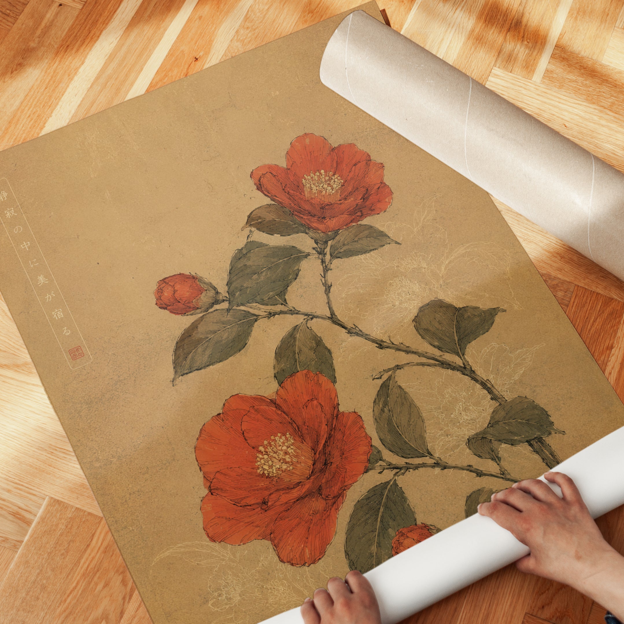 Vintage Botanical Print — Red Floral Branch with Asian Calligraphy - detail