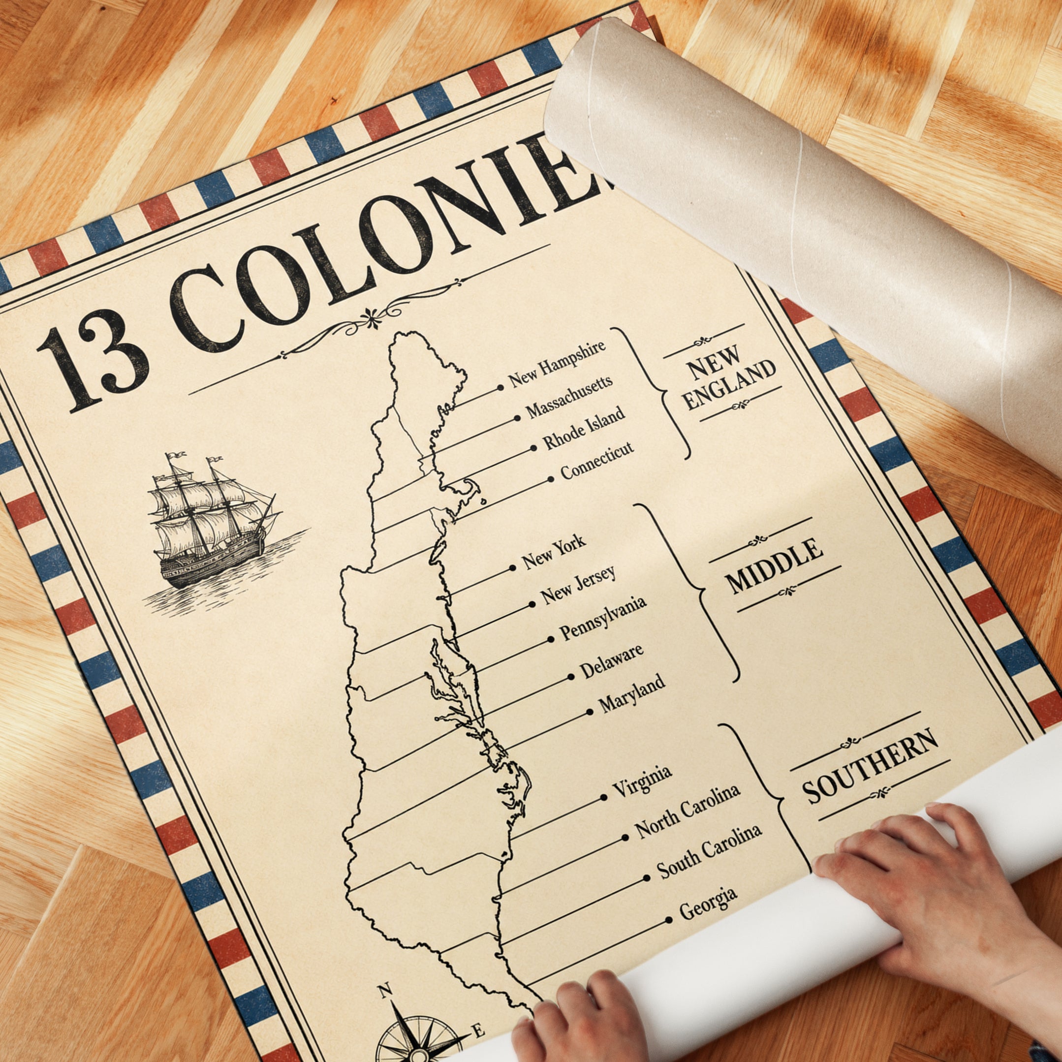 13 Colonies Map Poster – American History Print - detail