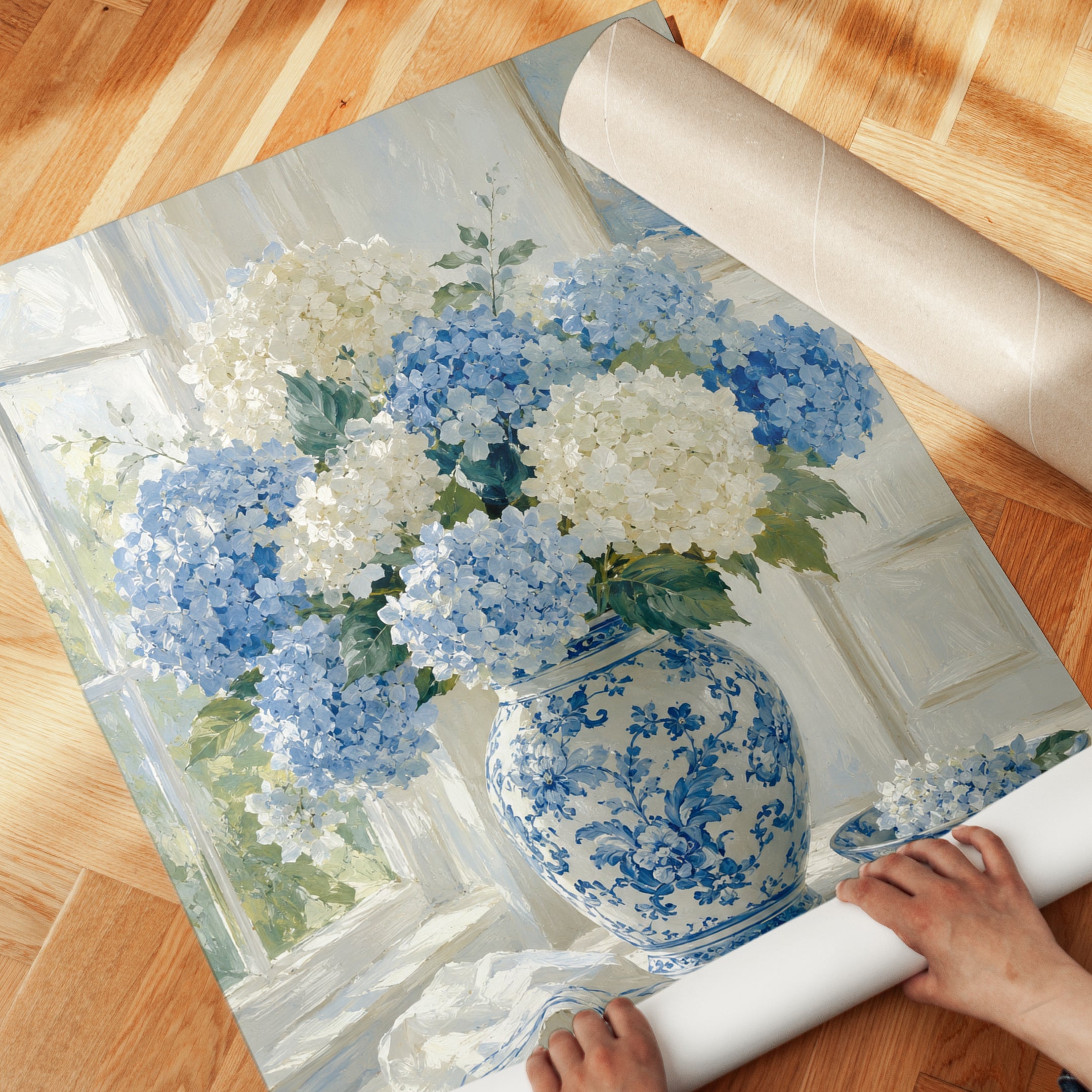 Hydrangea Wall Art – Blue White Floral Print - detail