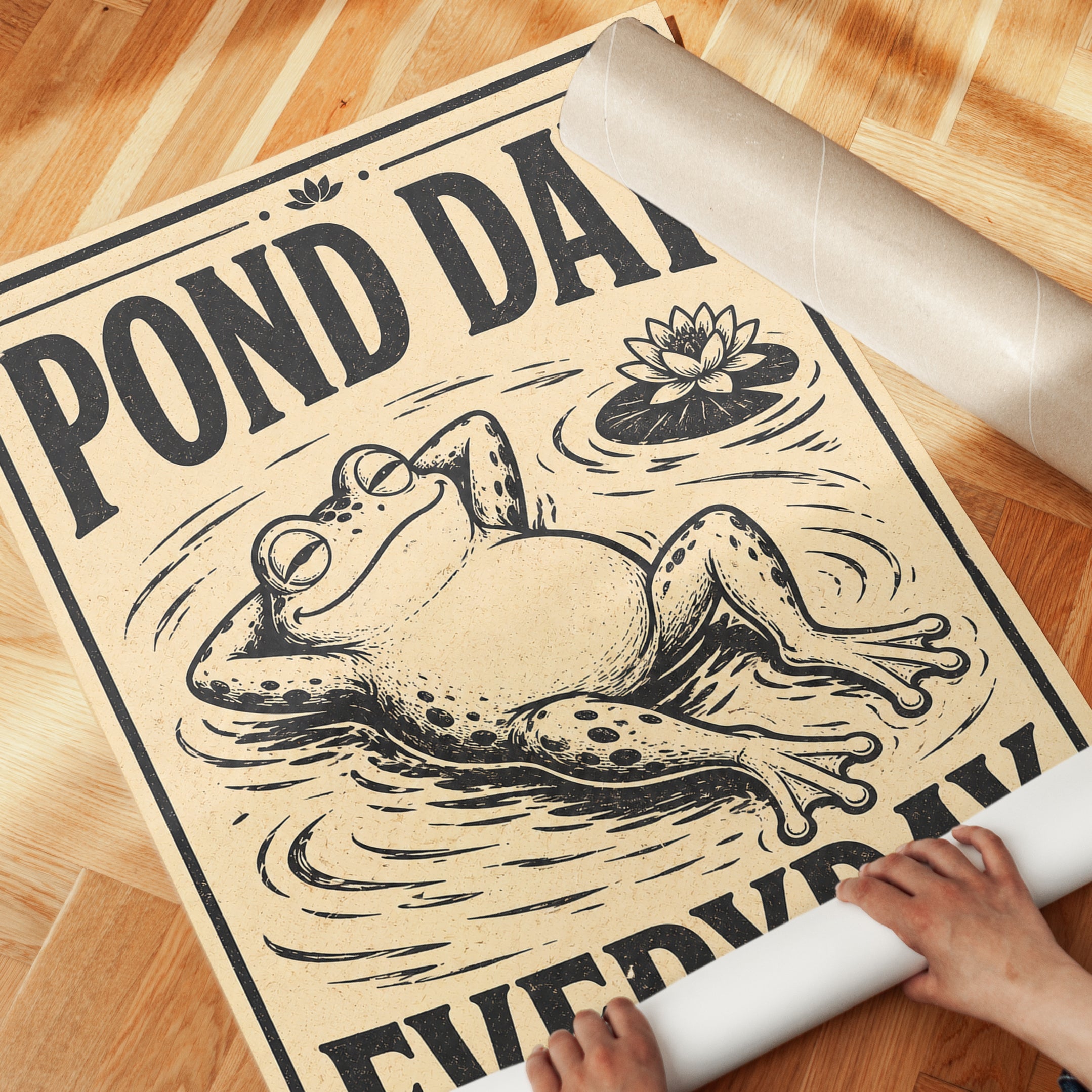 Vintage Frog Art Print: Whimsical Pond Day Poster - detail