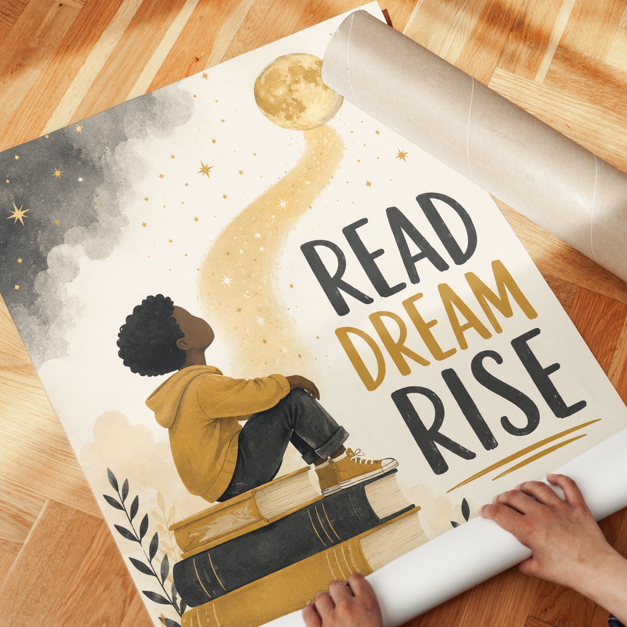 Read Dream Rise Wall Art: Inspirational Book and Moon Print - detail