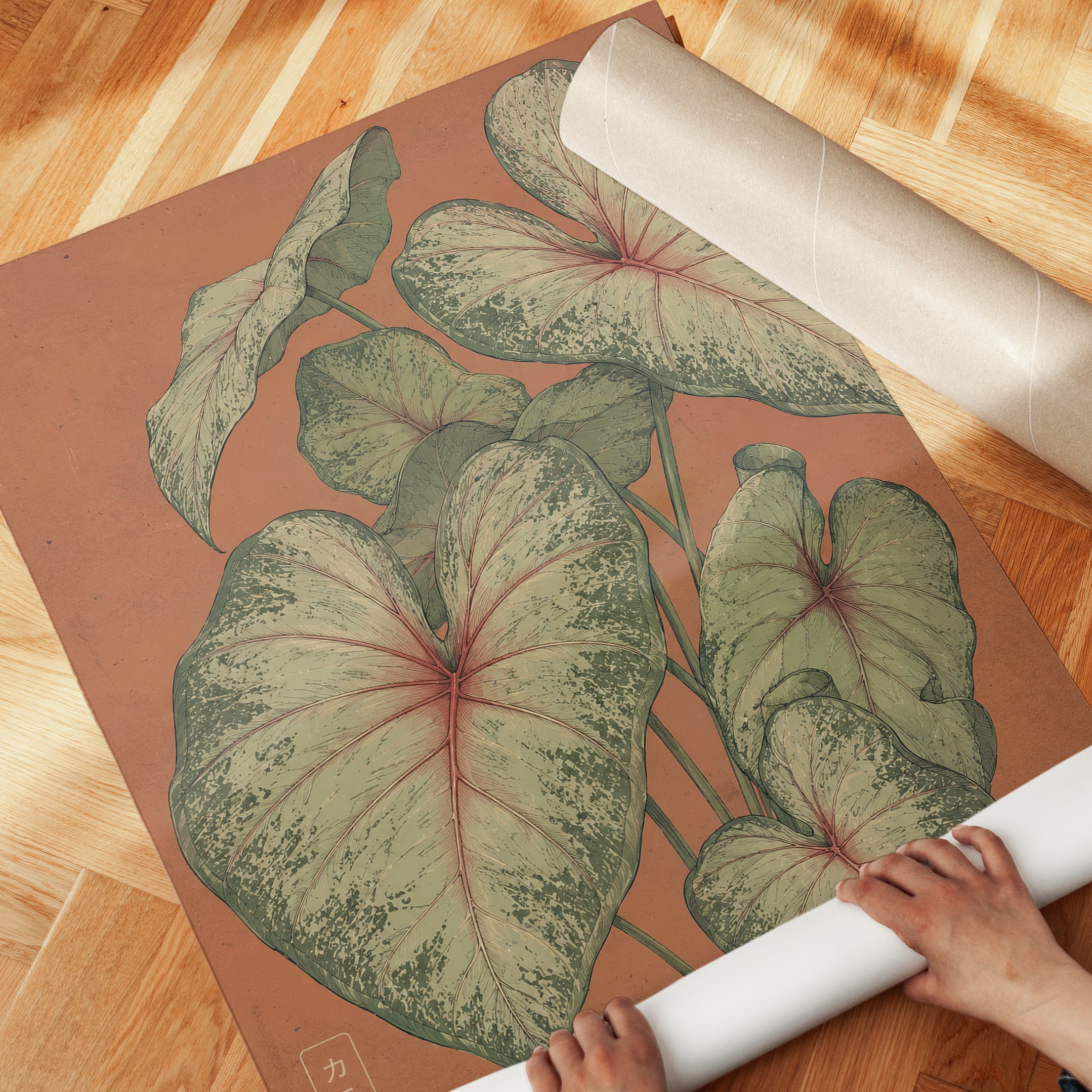 Variegated Caladium Leaves Botanical Print: Vintage Japanese Style - detail