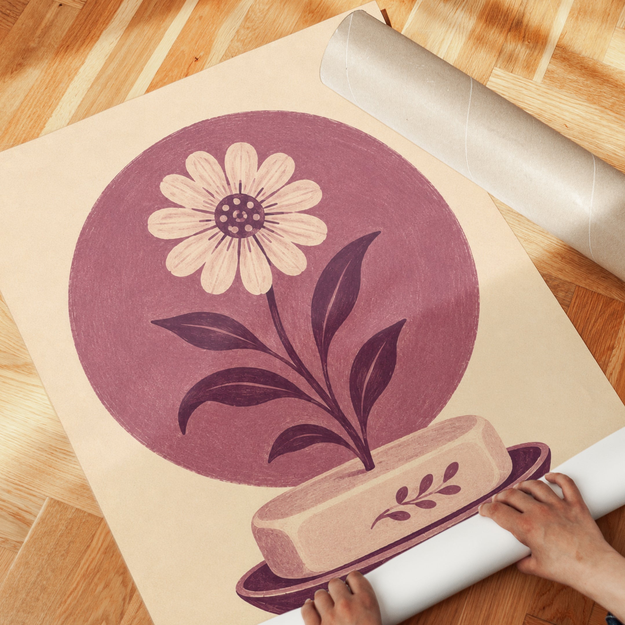 Folk Art Daisy Print: Vintage Mauve Botanical Illustration - detail
