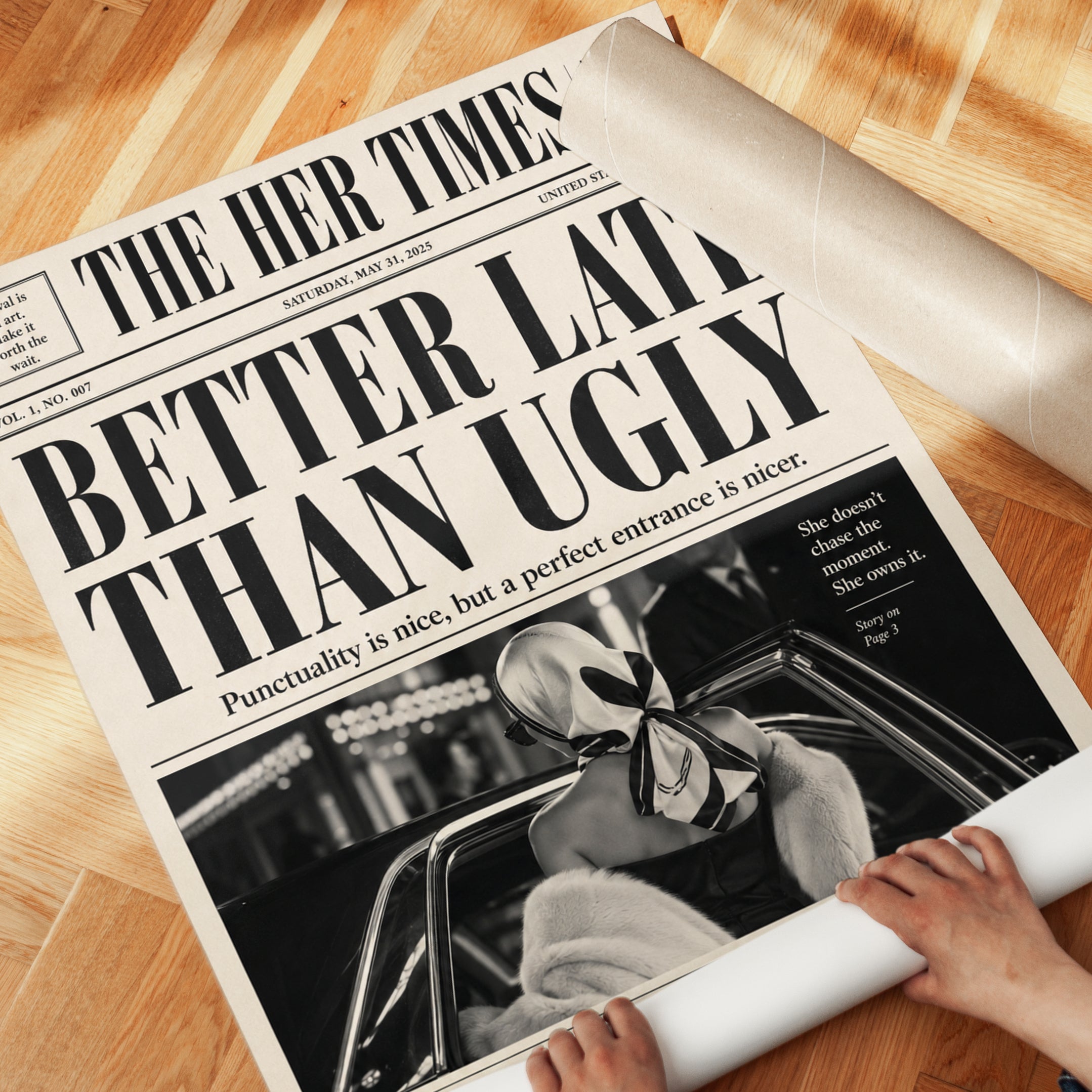 Vintage Newspaper Wall Art: 'Better Late Than Ugly' Retro - detail