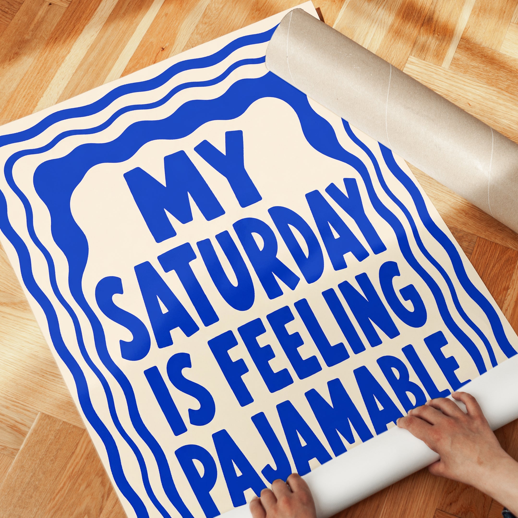 Saturday Pajamable Print: Bold Blue Retro Typography Wall Art - detail