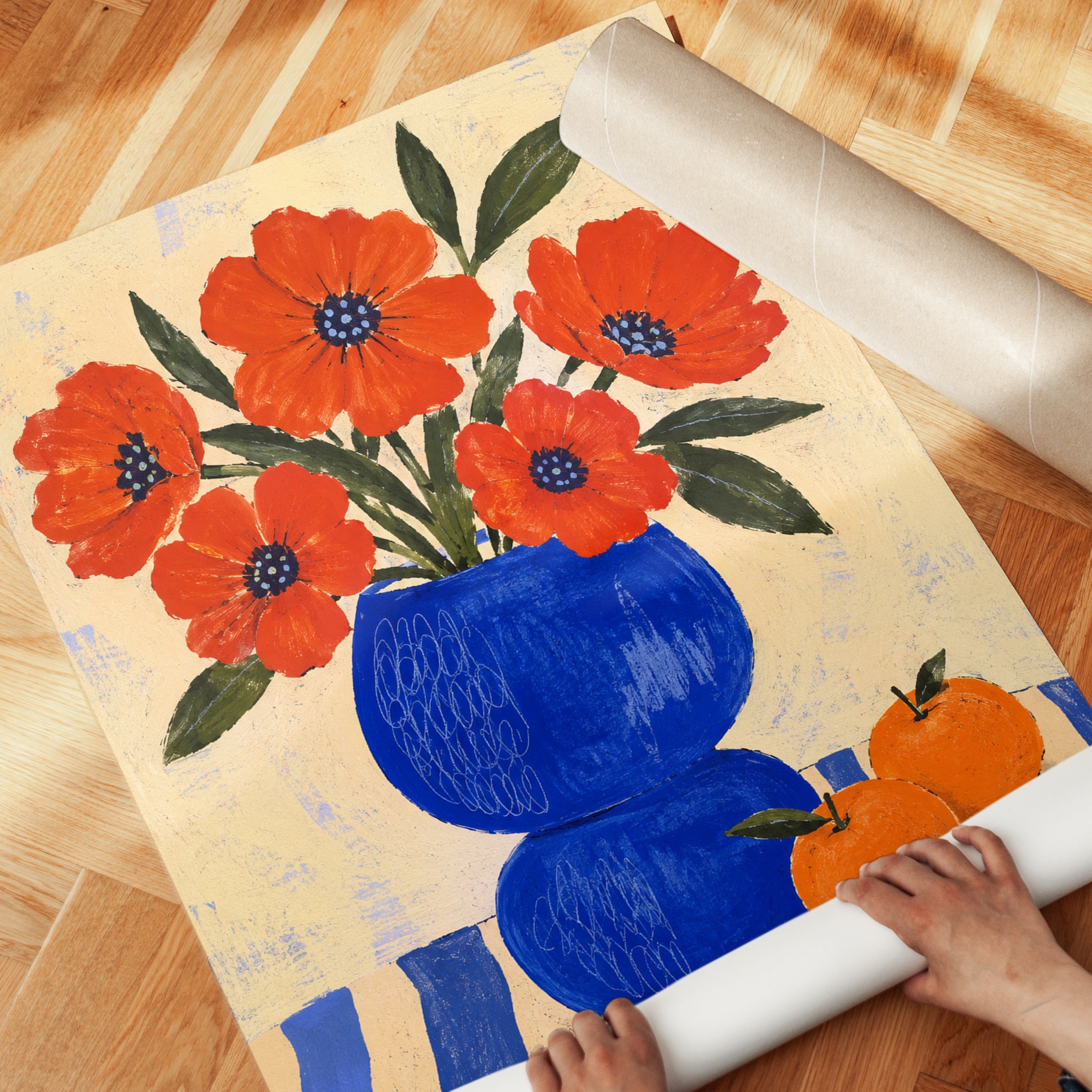 Red Poppy Wall Art – Folk Art Floral Print - detail