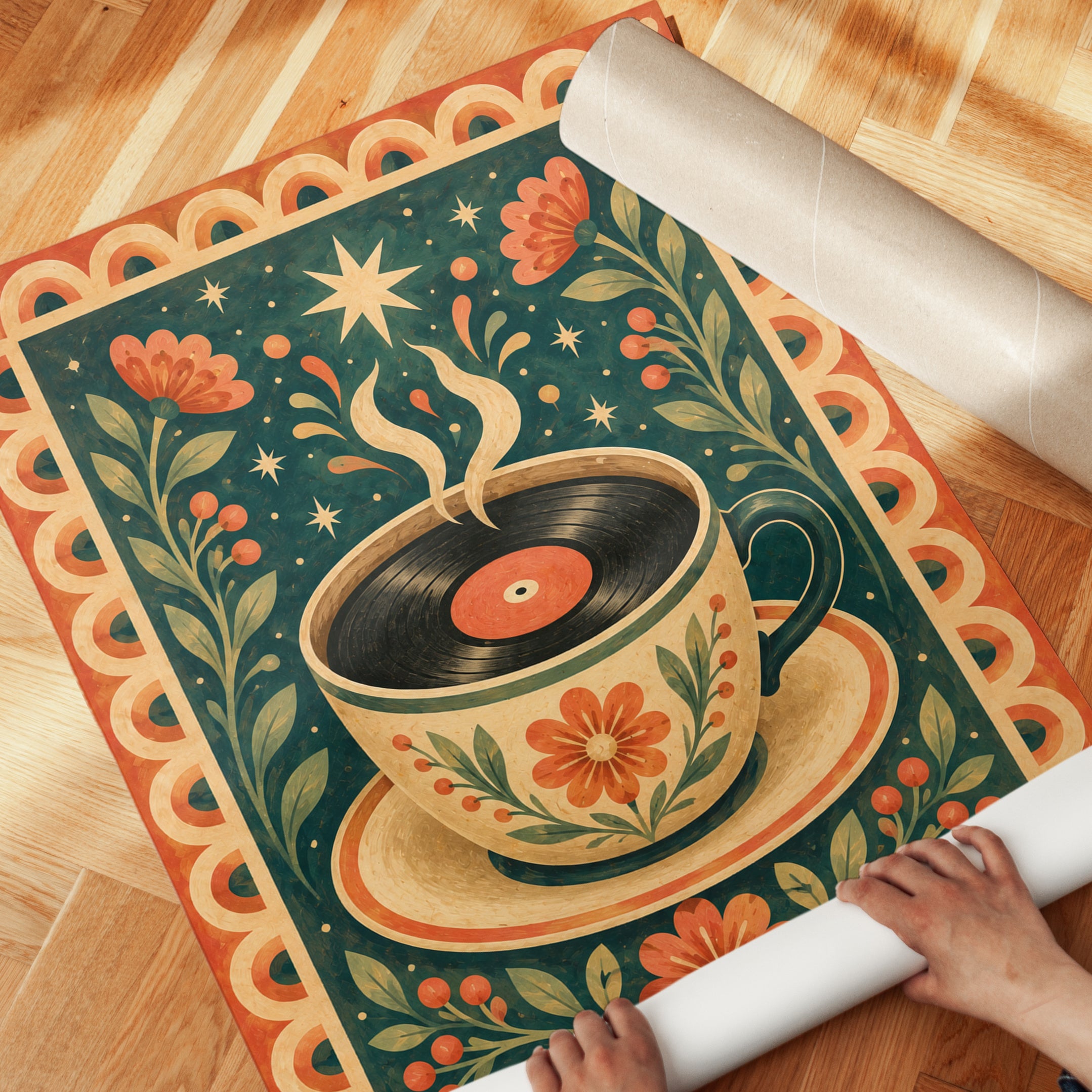 Folk Art Coffee Print – Vinyl Record Cup Wall Art - detail