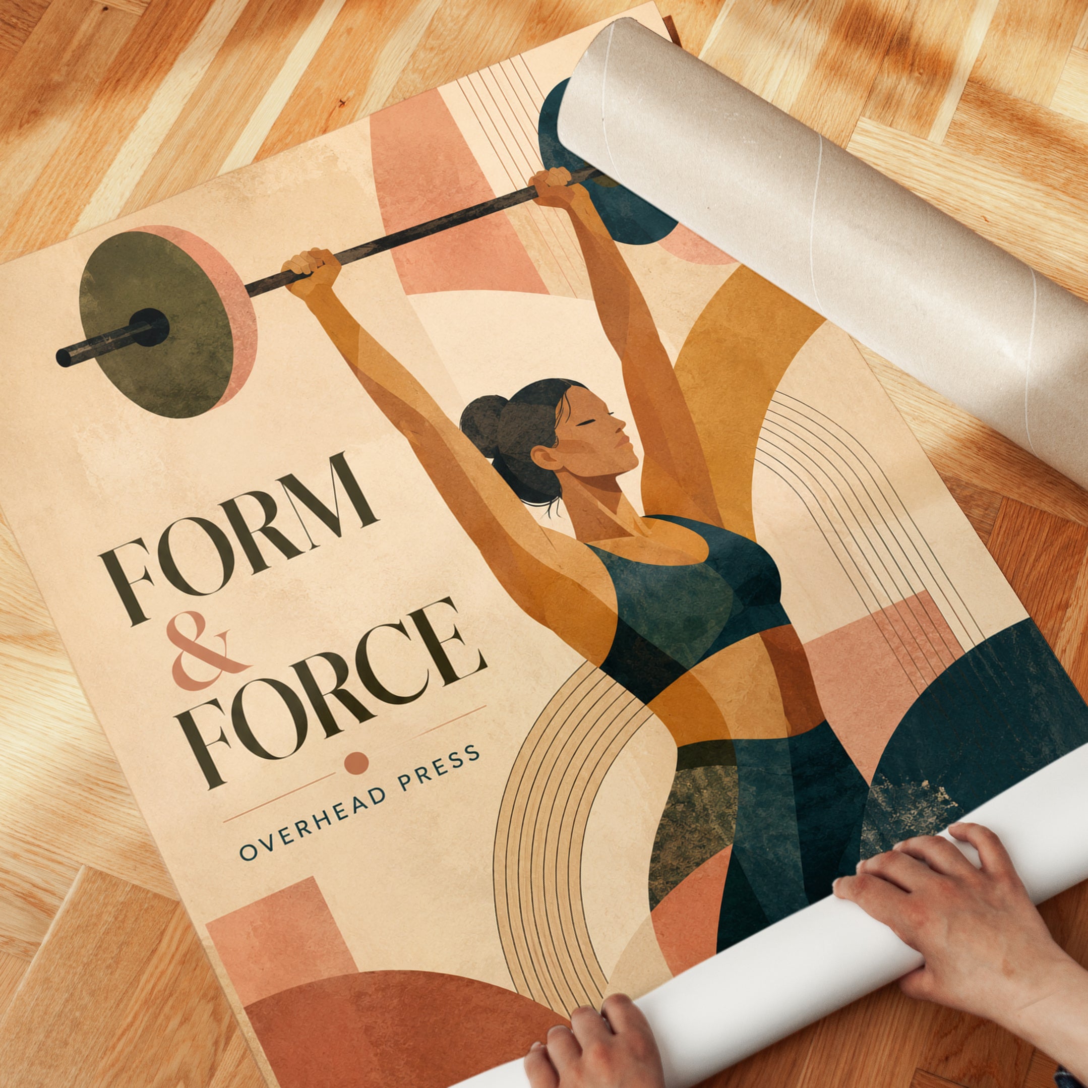 Female Weightlifter Art Print: Art Deco Fitness Poster - detail