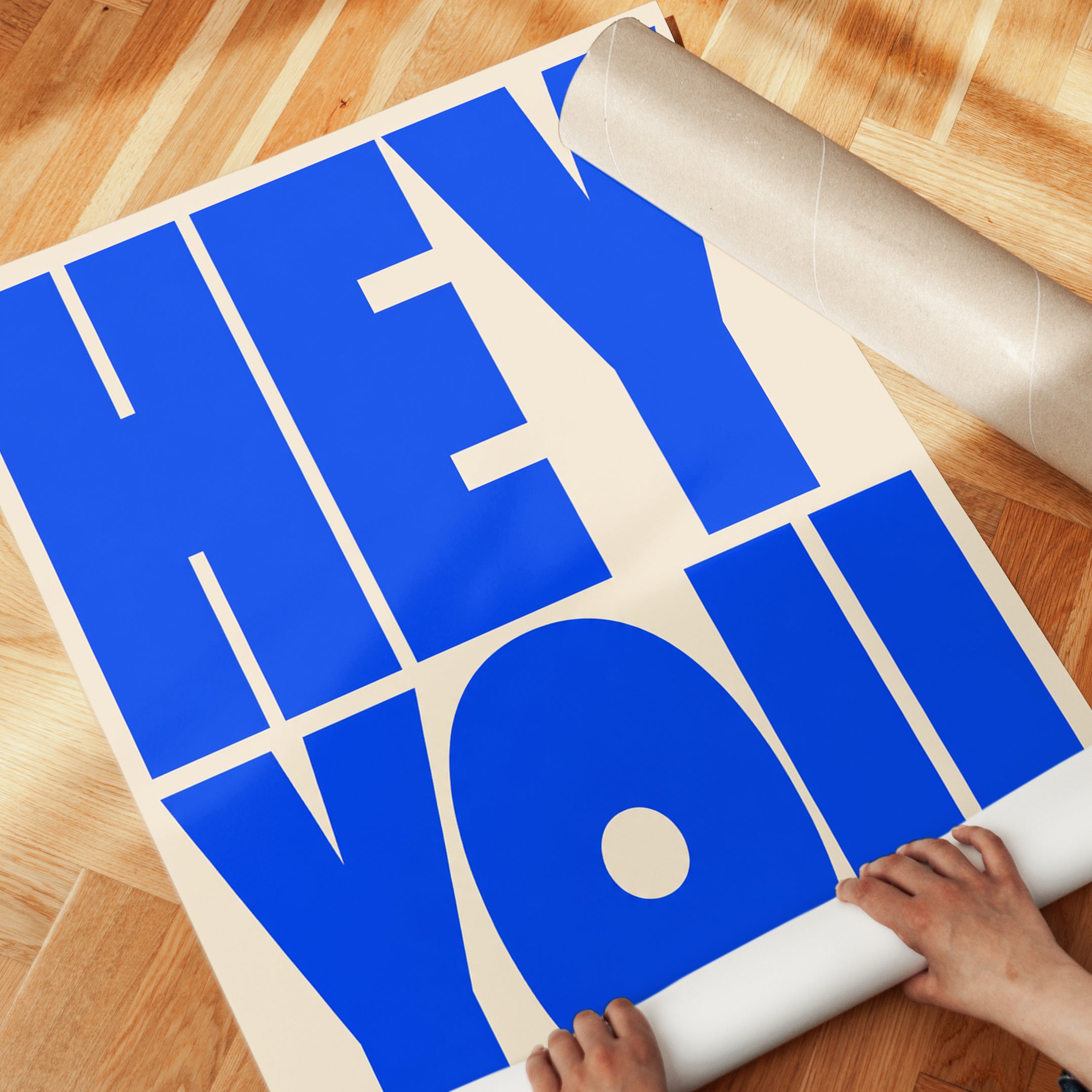 Hey You Typography Print — Bold Blue Graphic Lettering - detail