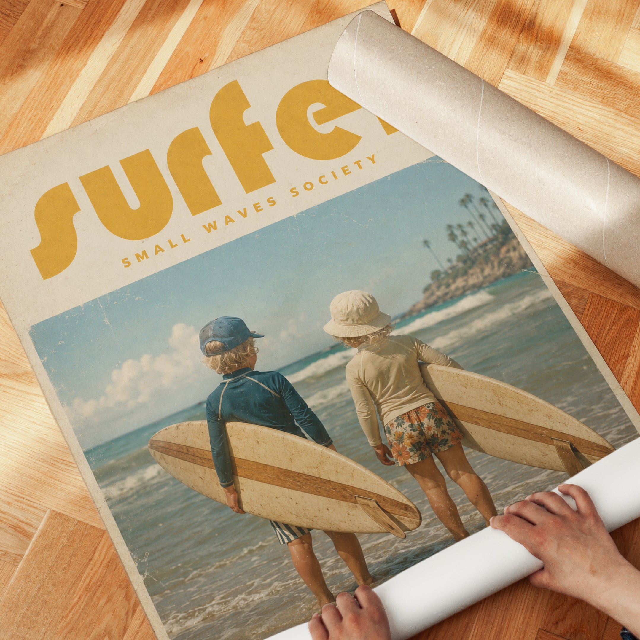 Vintage Surf Poster Print — Retro Kids Surfing Art - detail