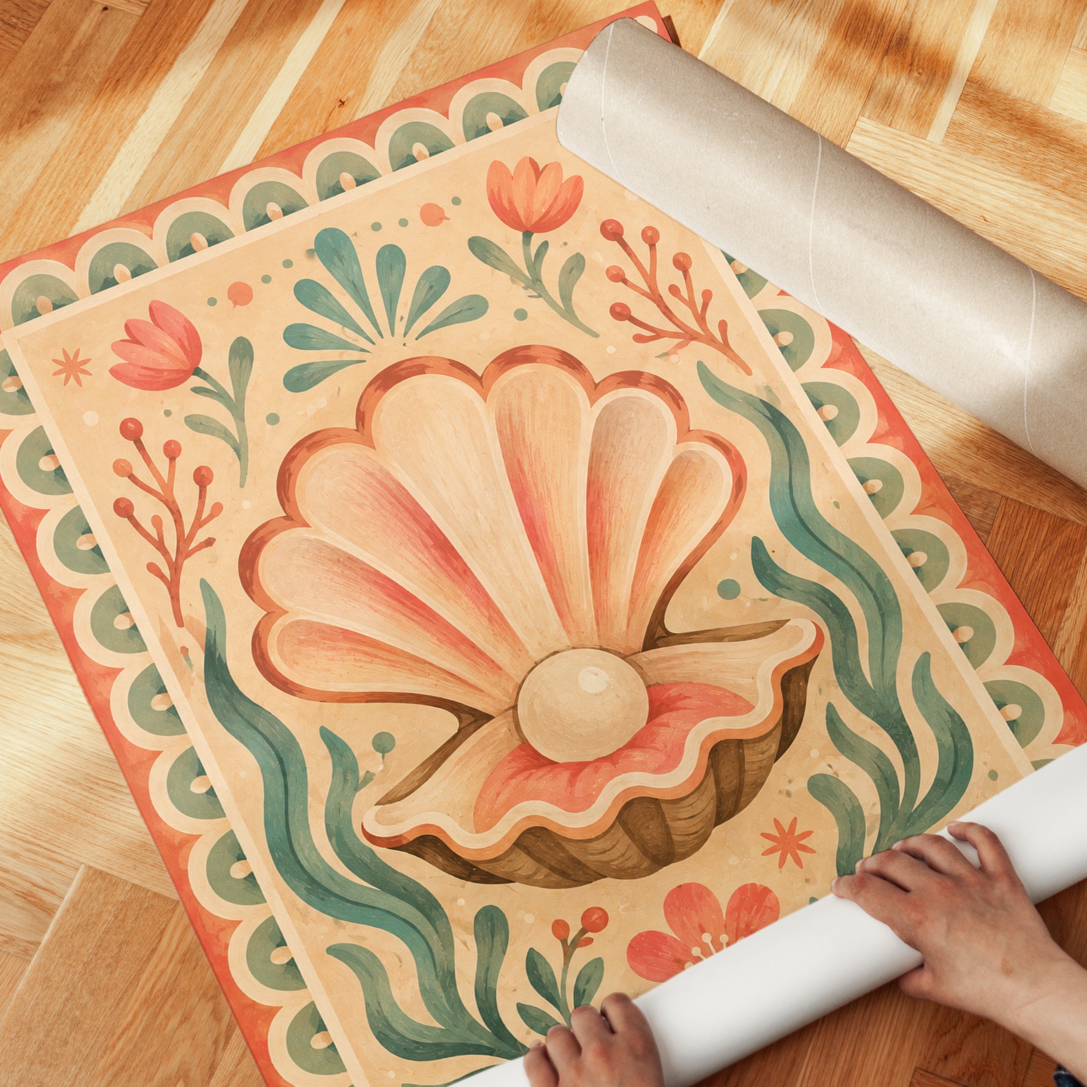 Folk Art Shell Print – Vintage Botanical Wall Art - detail