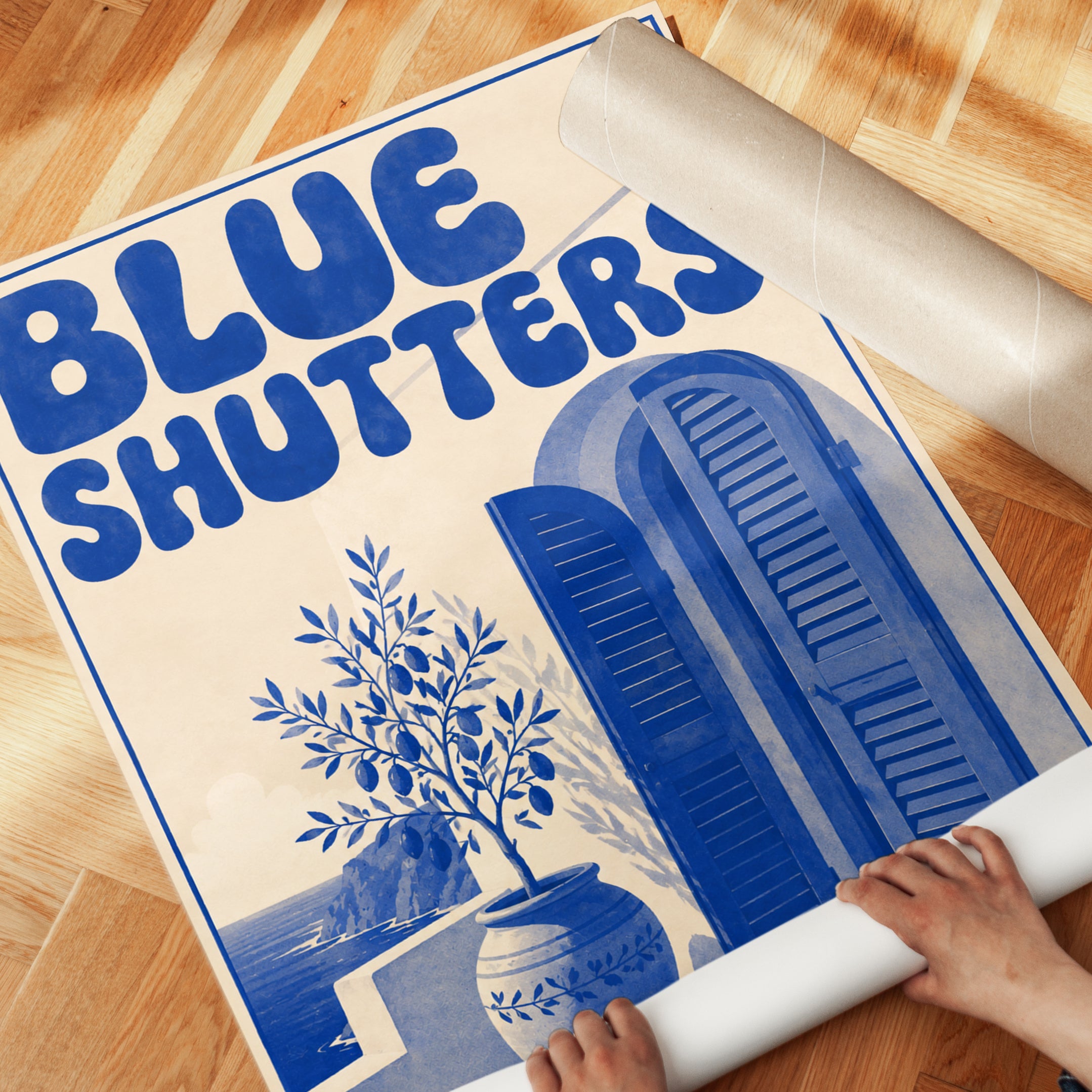 Greek Island Travel Poster: Blue Shutters and Olive Branch - detail