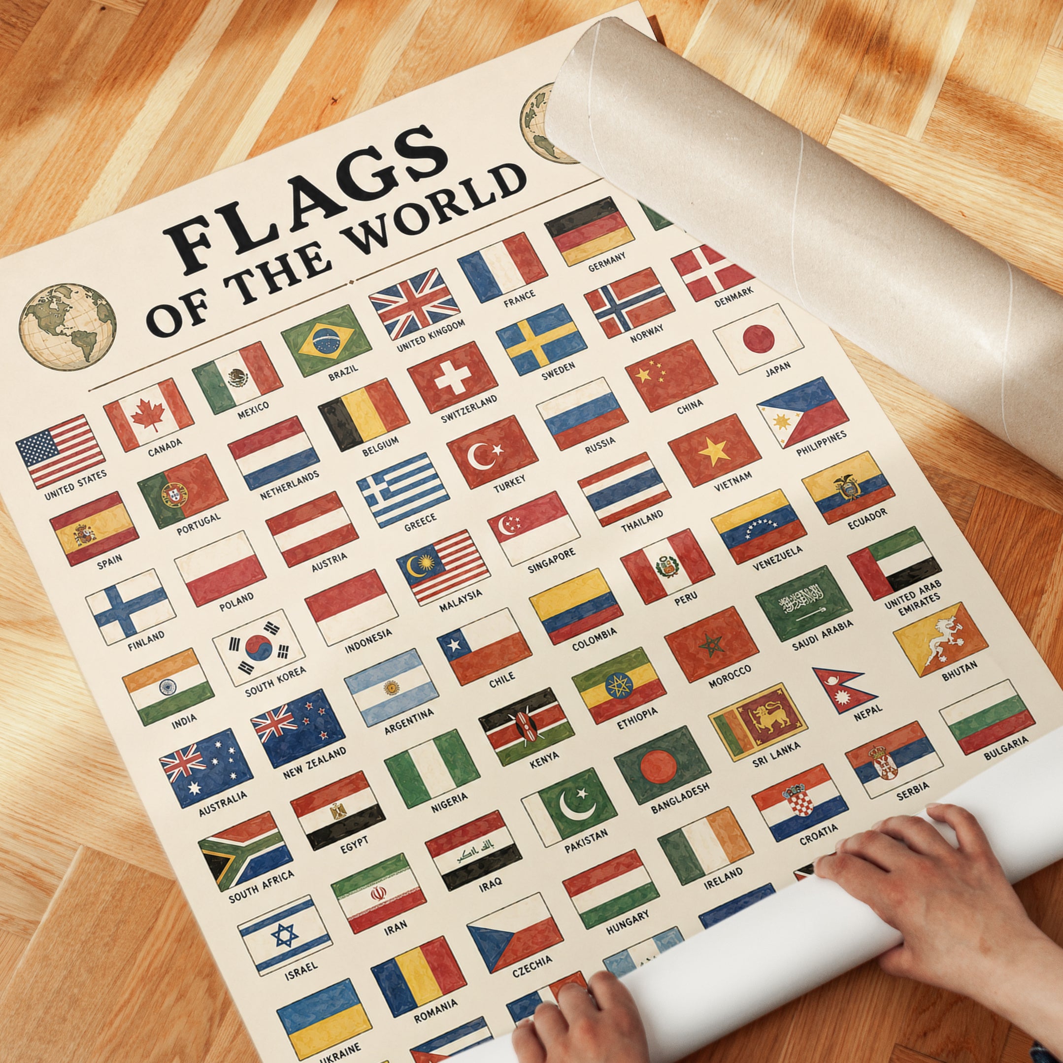 Flags of the World Chart: Vintage Educational Wall Art - detail