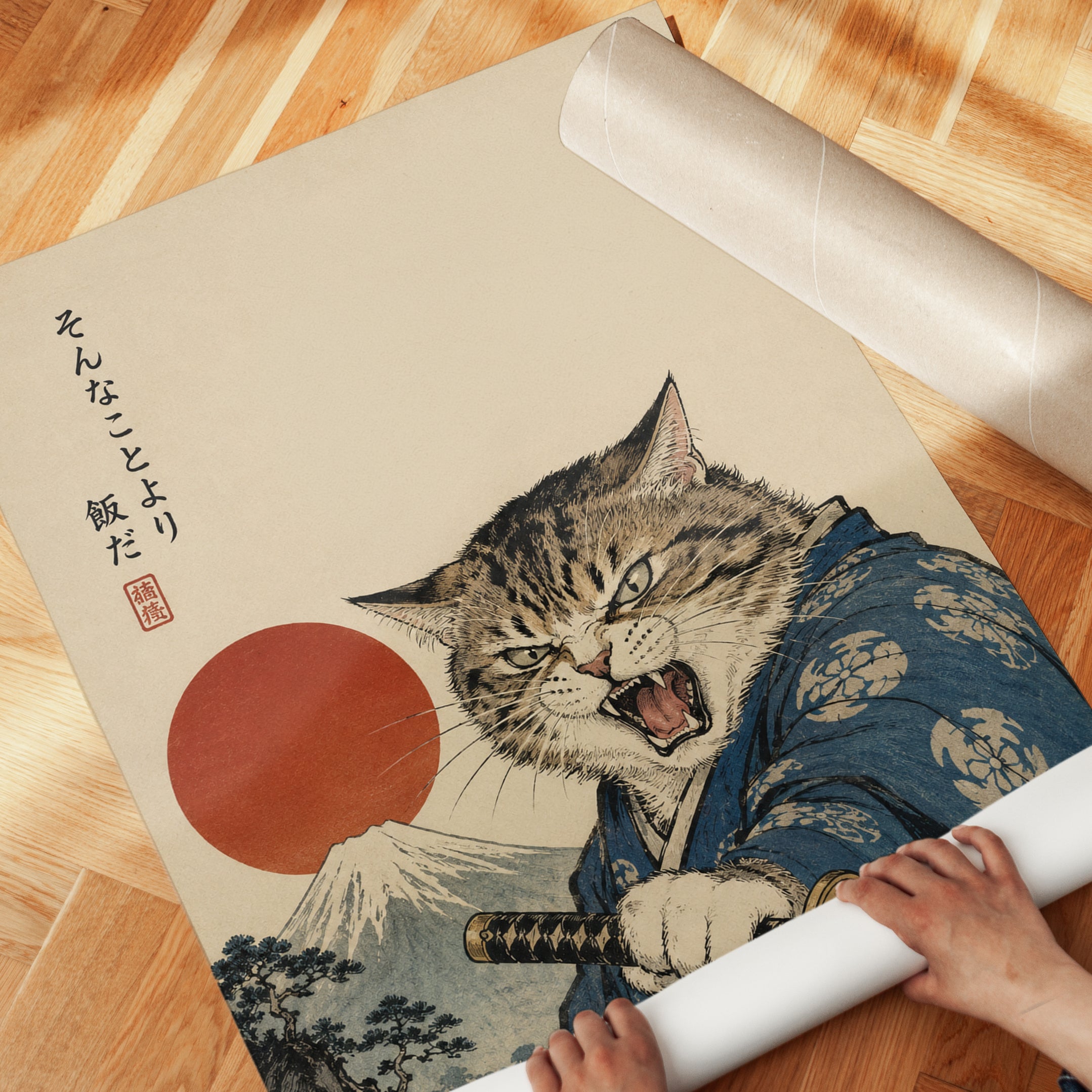 Japanese Cat Wall Art – Samurai Cat Print - detail