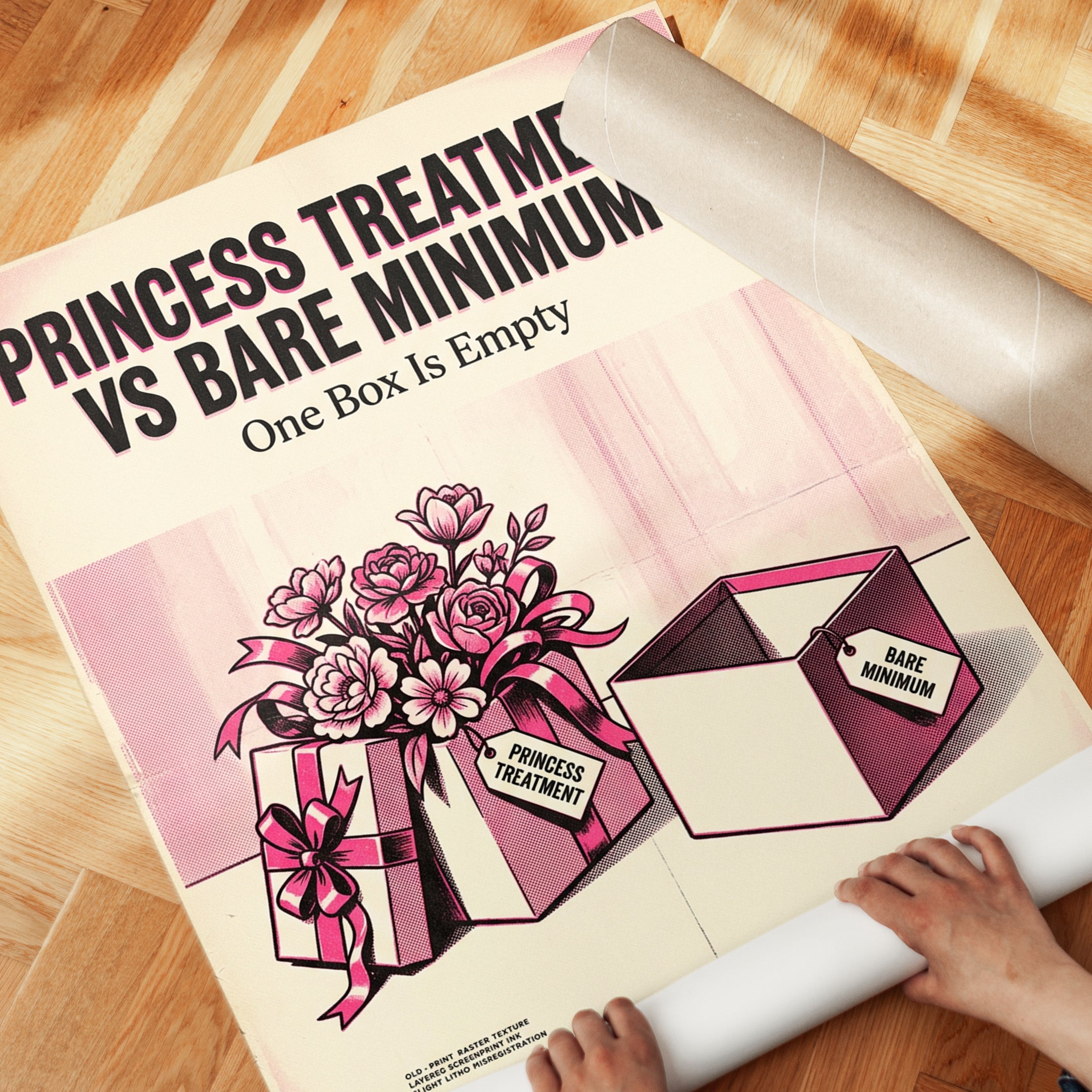 Princess Treatment vs Bare Minimum: Retro Pink Humor Poster - detail