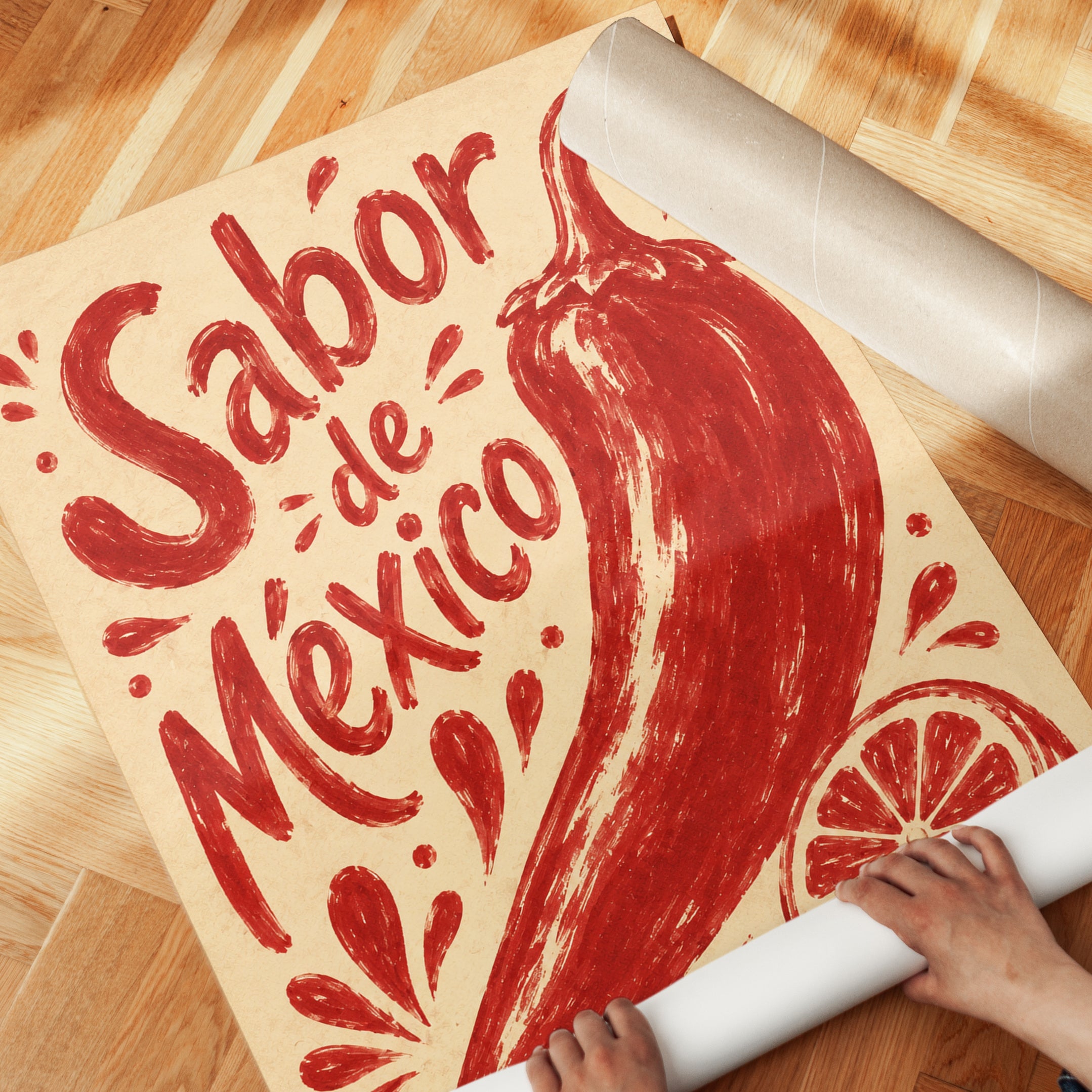Sabor de Mexico Poster: Red Chili Pepper Folk Art Print - detail