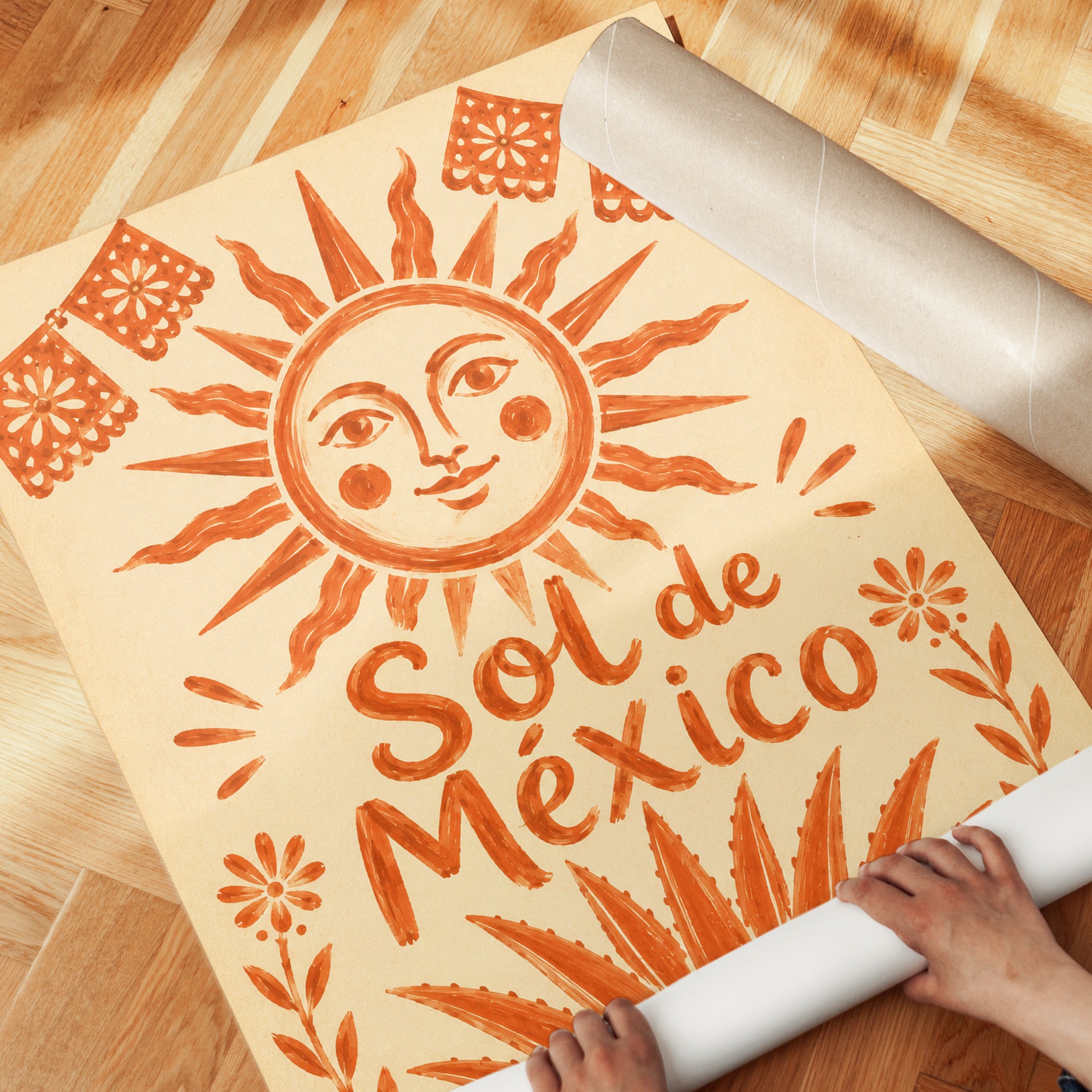 Sol de Mexico Poster: Folk Art Sun Print in Orange and Cream - detail