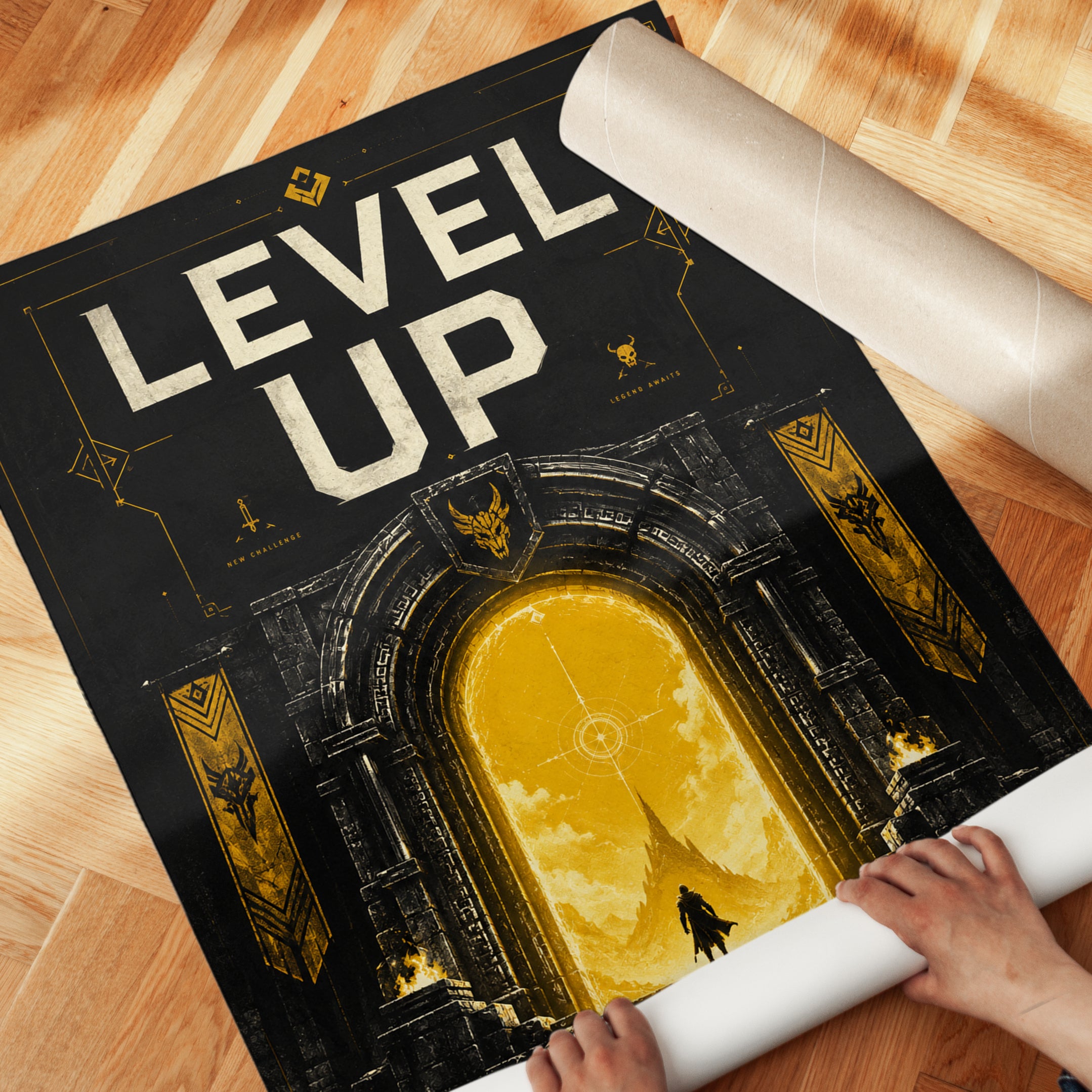 Level Up Gaming Poster: Art Deco Fantasy Portal in Gold and Black - detail
