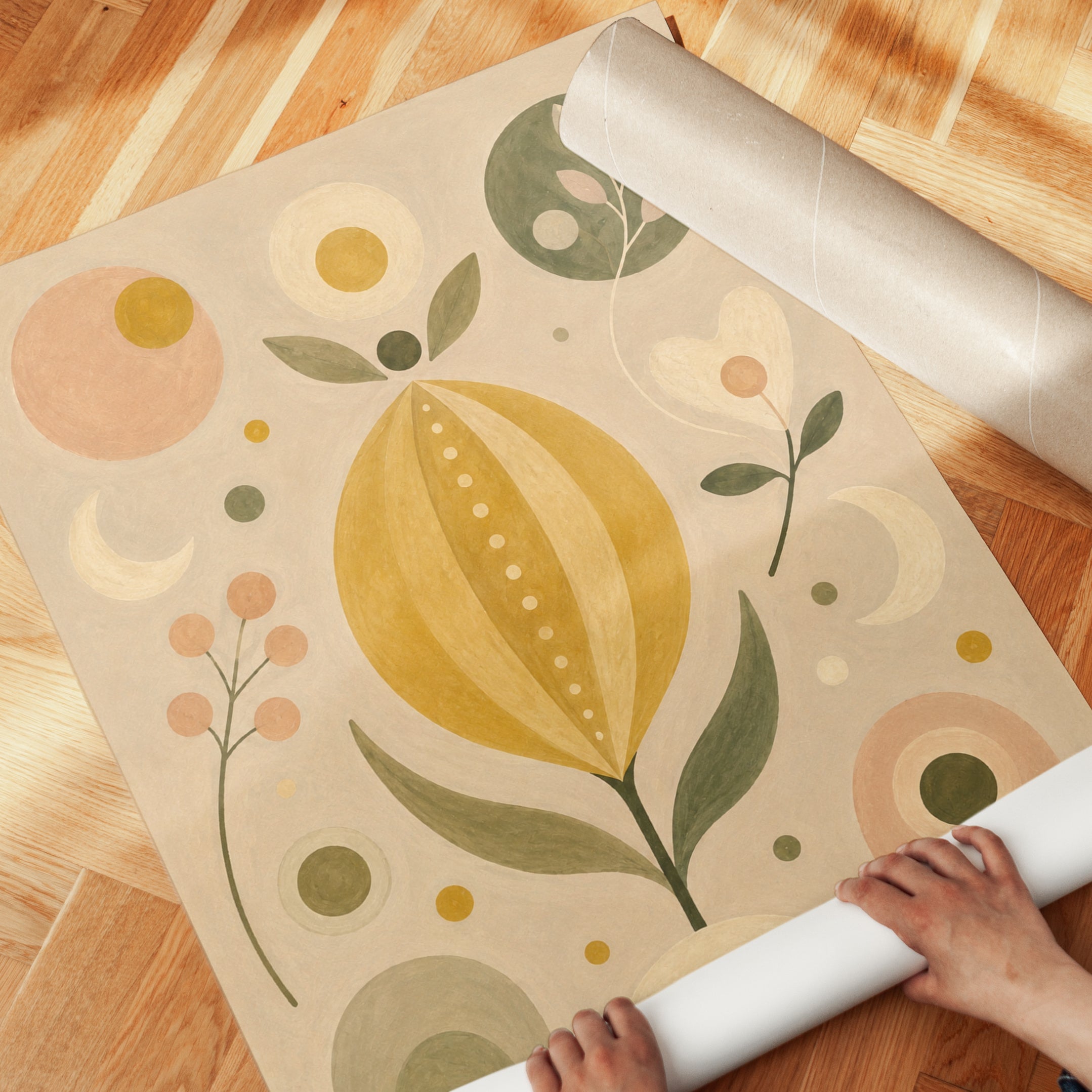 Mid-Century Botanical Print: Geometric Flower in Mustard and Sage - detail