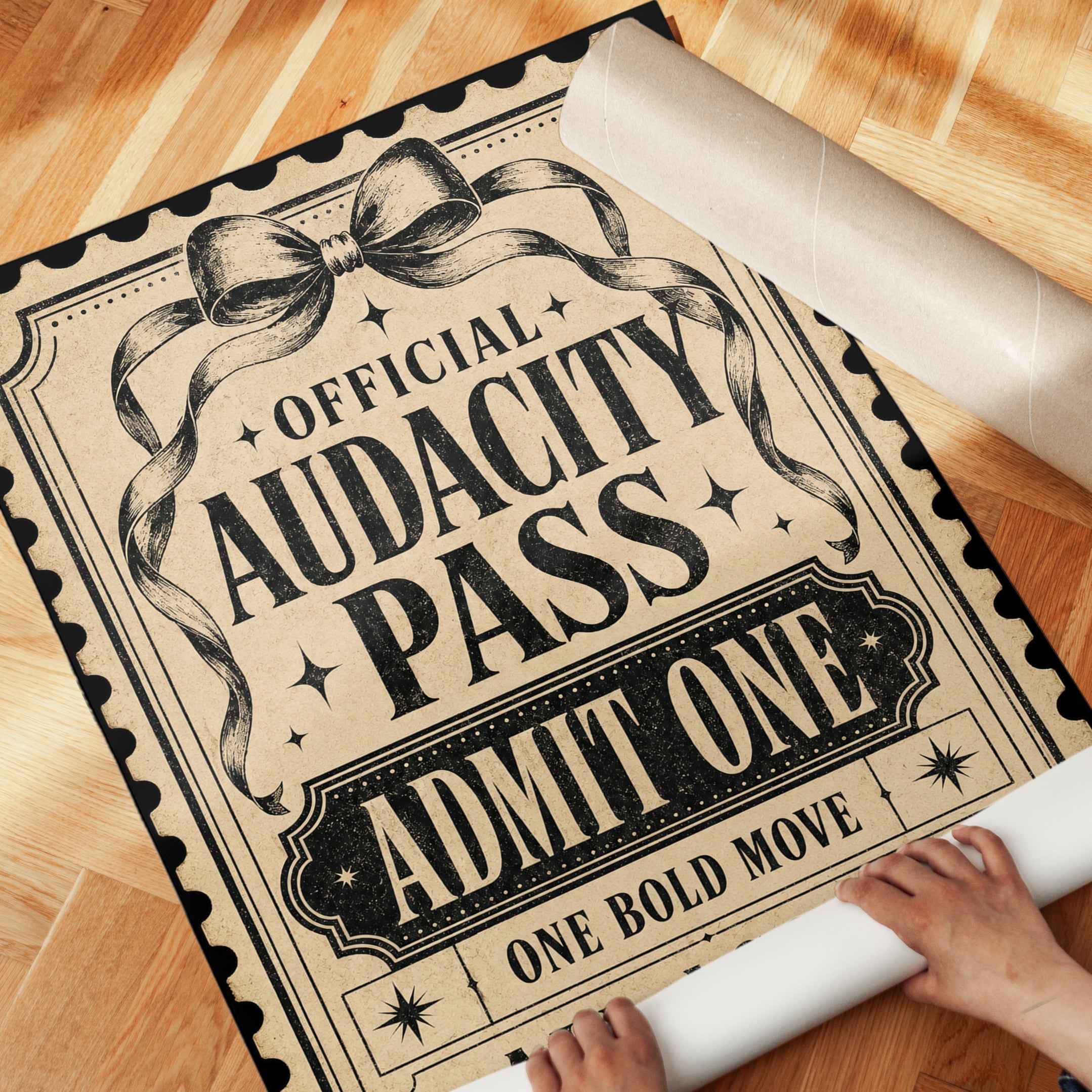 Vintage Audacity Pass Ticket Print: Victorian Typography Art - detail