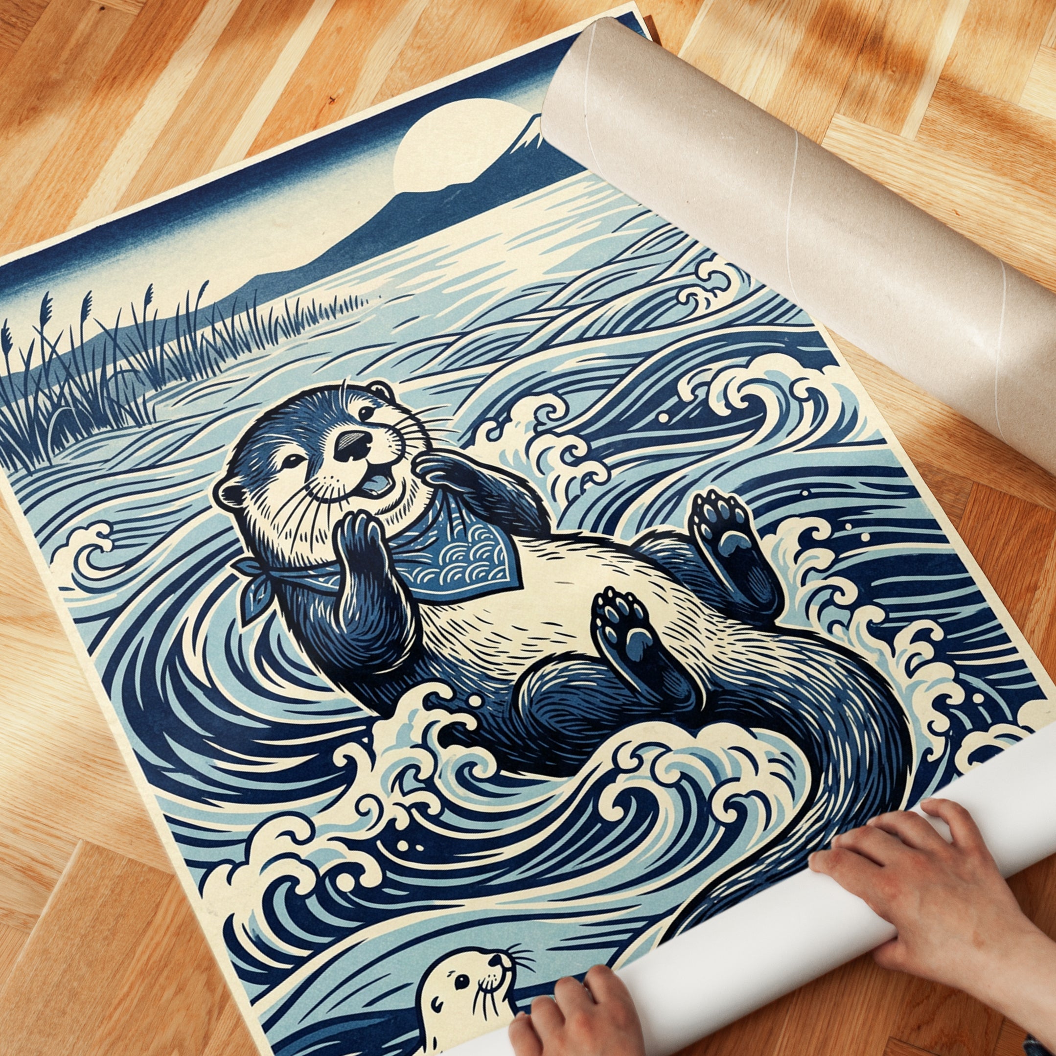 Sea Otter Waves Art Print: Japanese Woodblock Style Blue Wildlife - detail