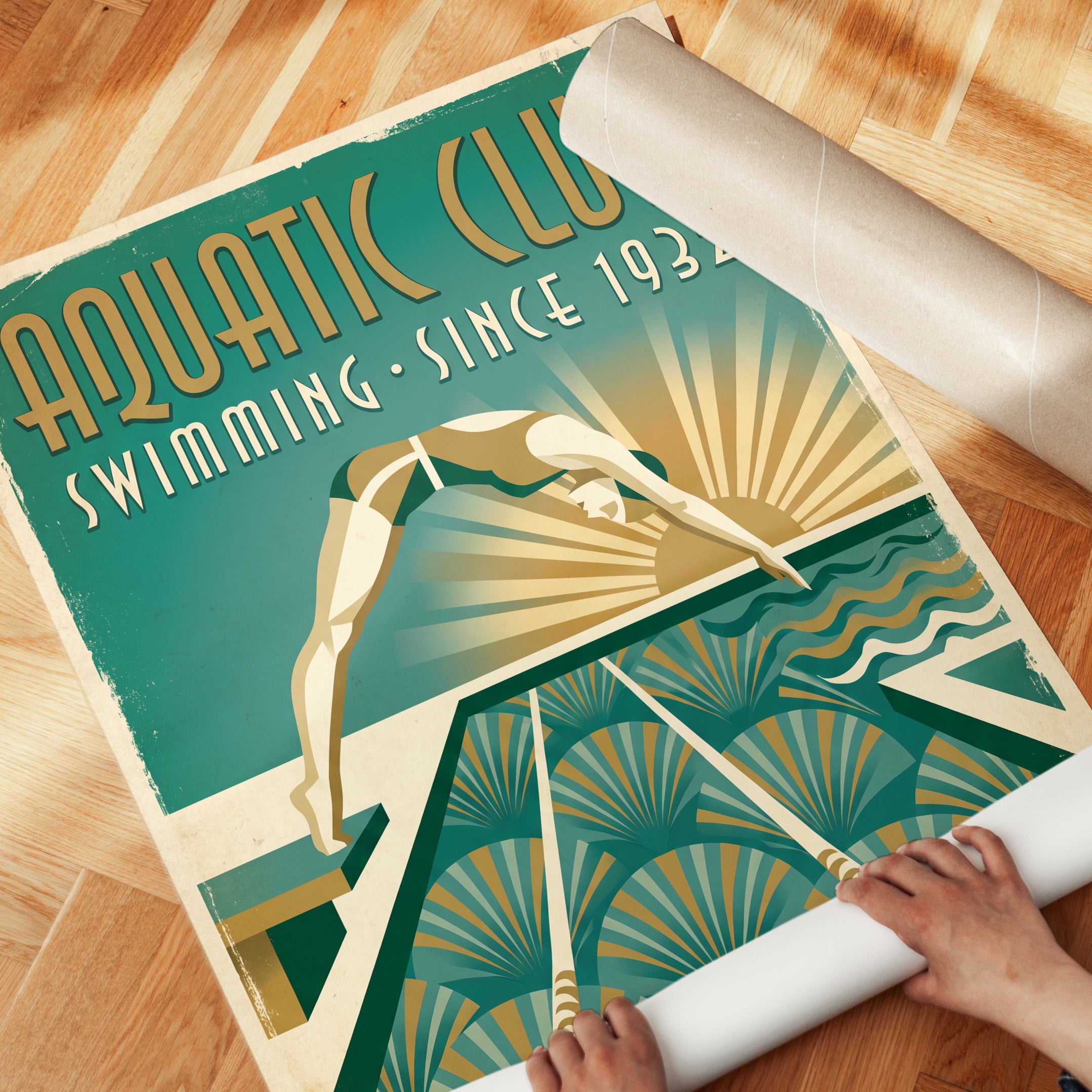 Aquatic Club Art Deco Poster: Vintage Swimming Pool Print - detail