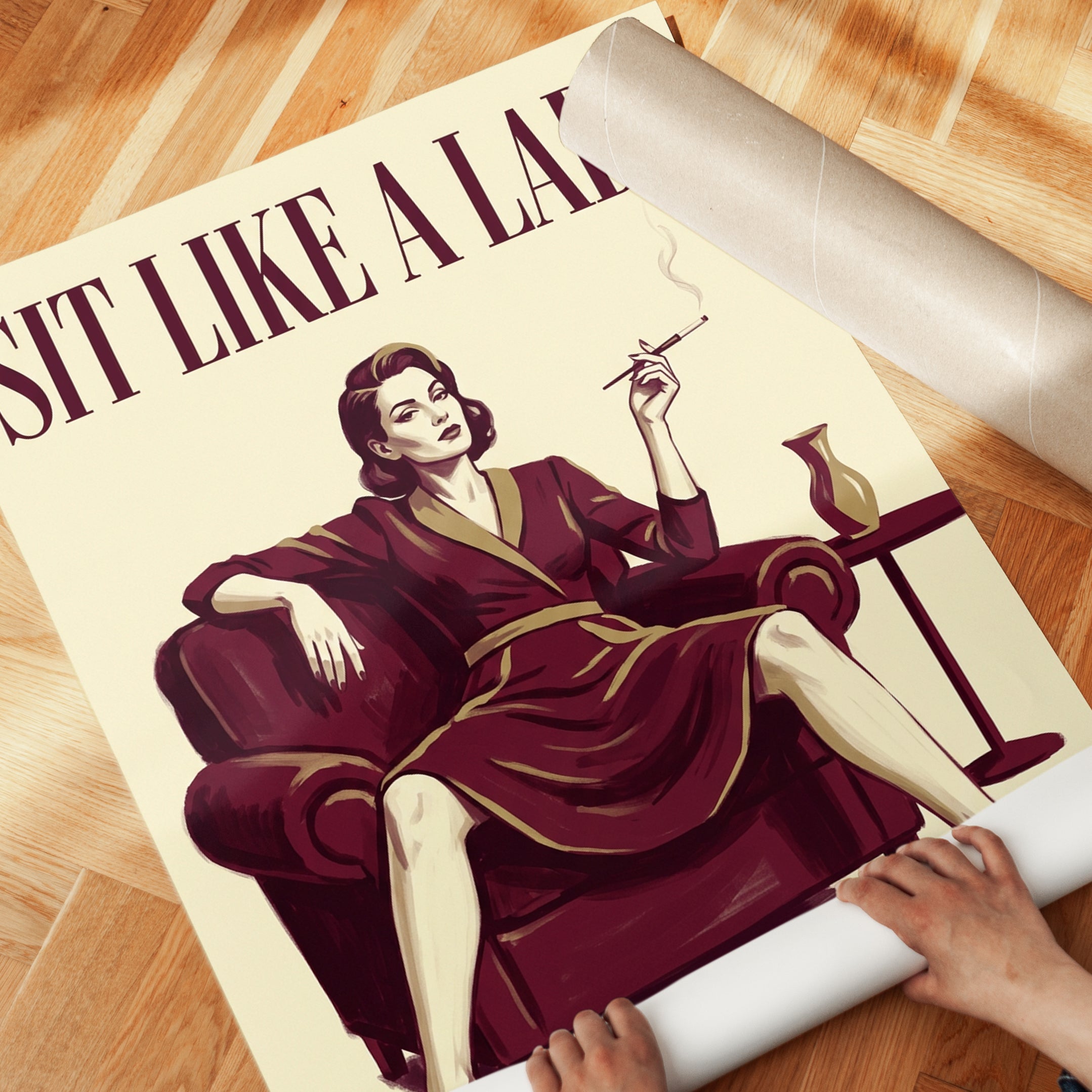 Sit Like a Lady Vintage Poster: Art Deco Burgundy Lounge Print - detail