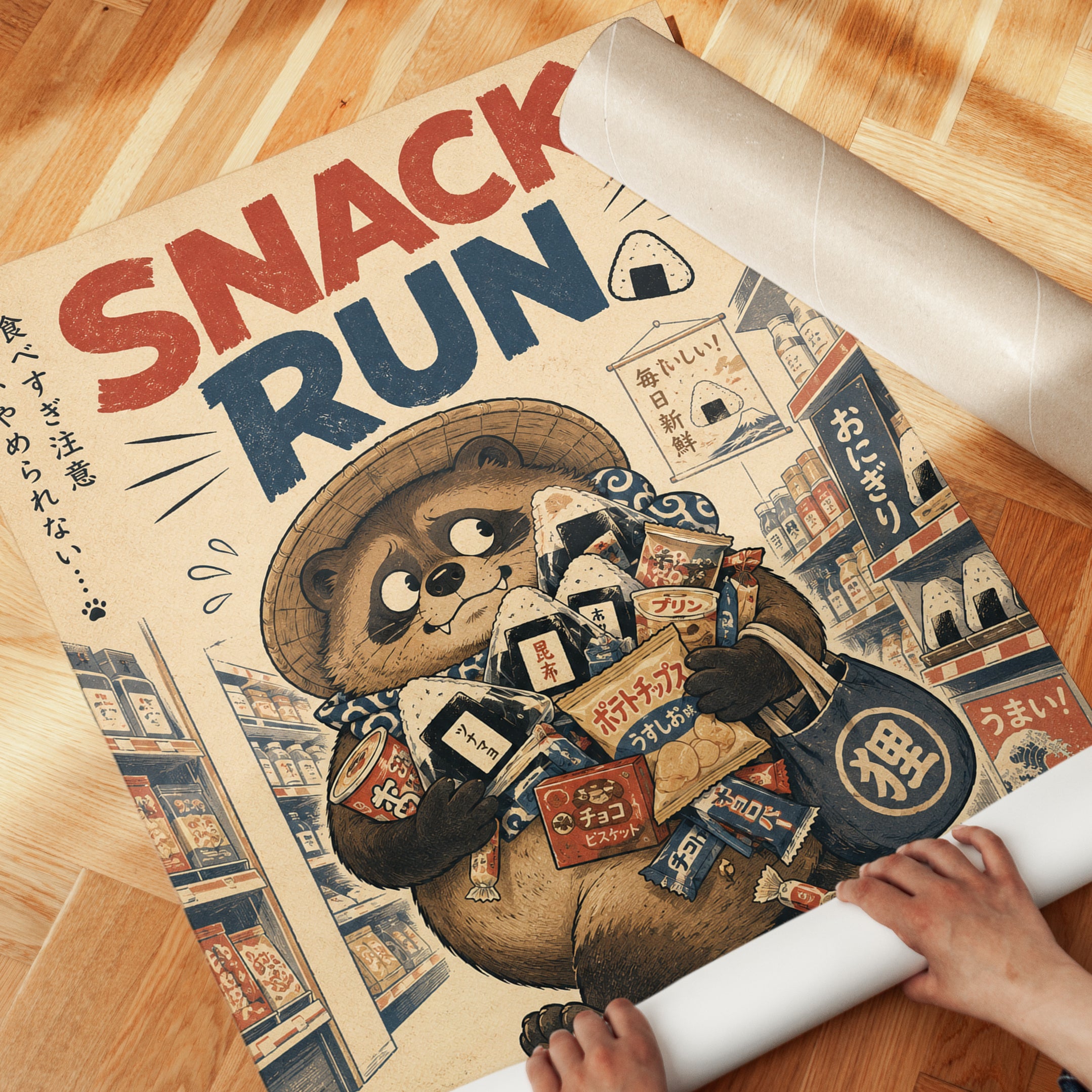 Japanese Raccoon Poster – Snack Run Retro Print - detail