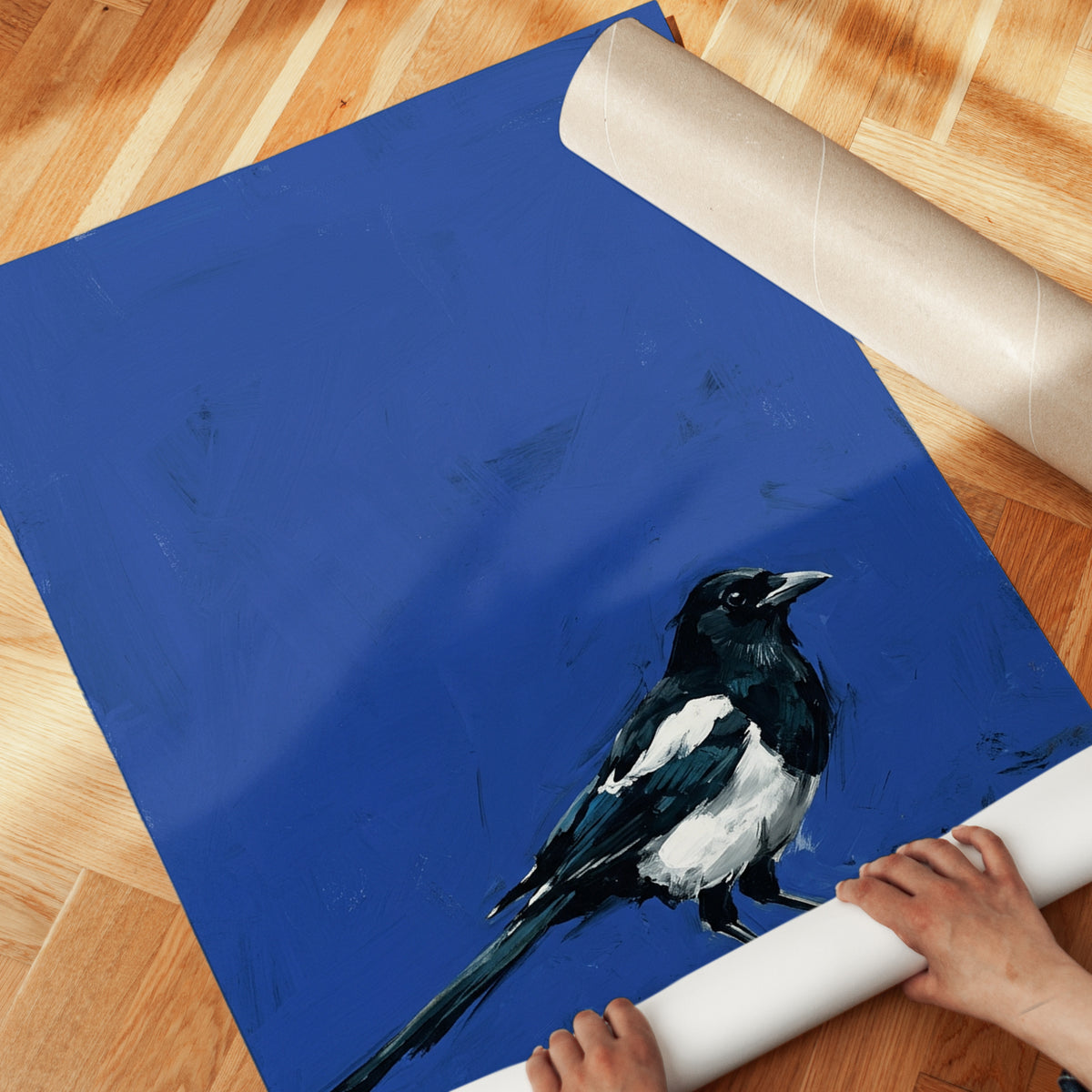 Magpie Bird Art Print – Bold Blue Background - detail