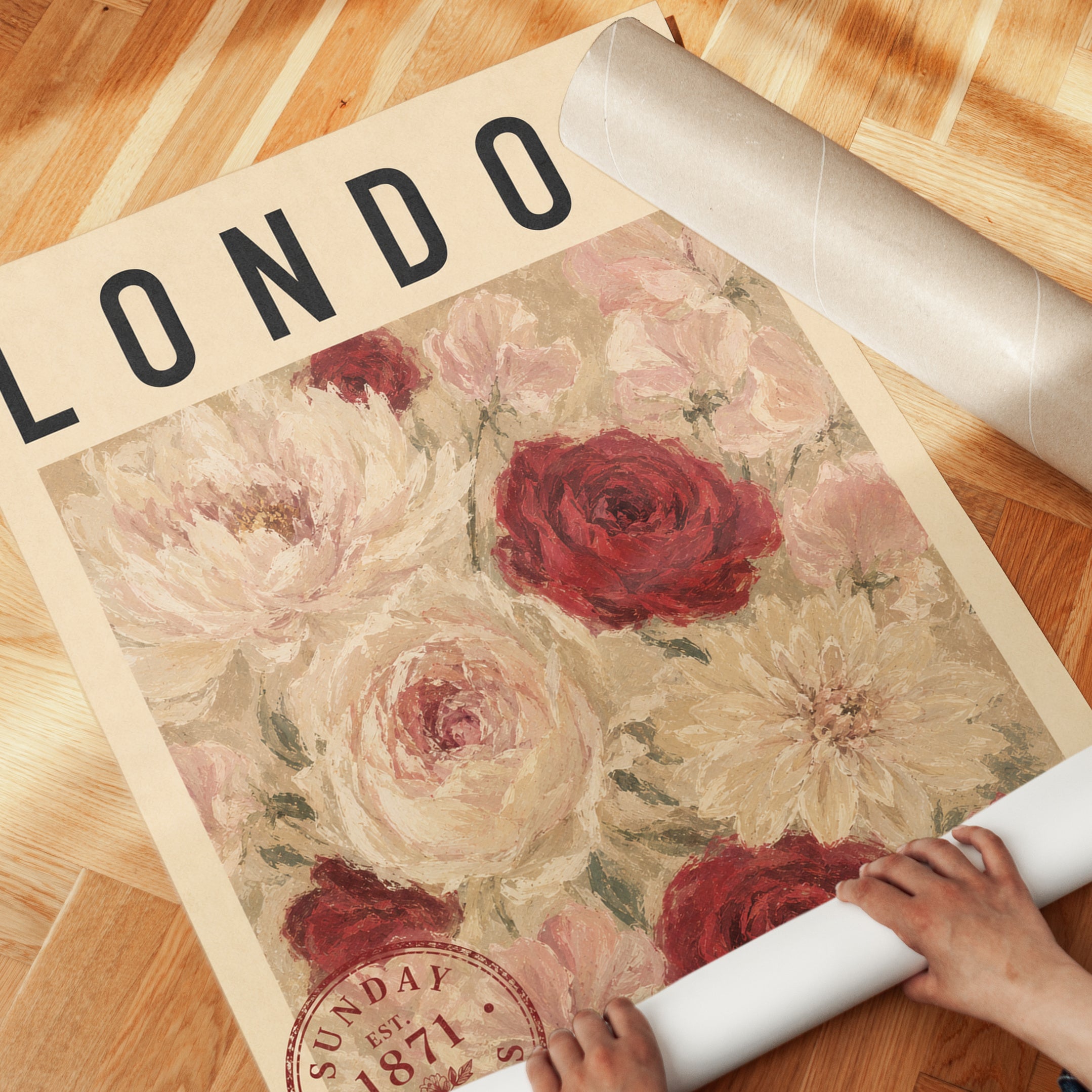 London Flower Market Poster: Vintage Floral Rose Art - detail