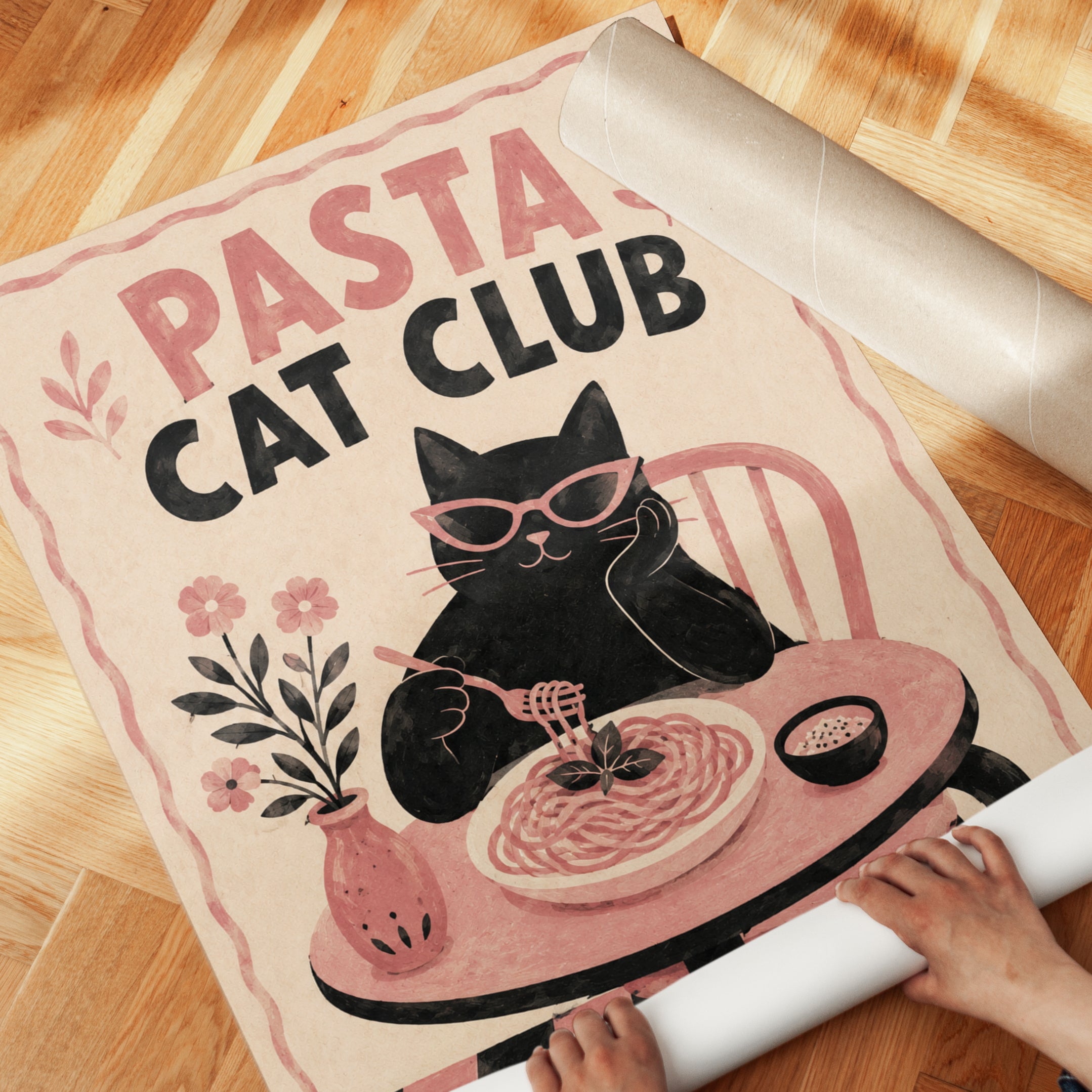 Pasta Cat Club Print – Retro Kitchen Wall Art - detail