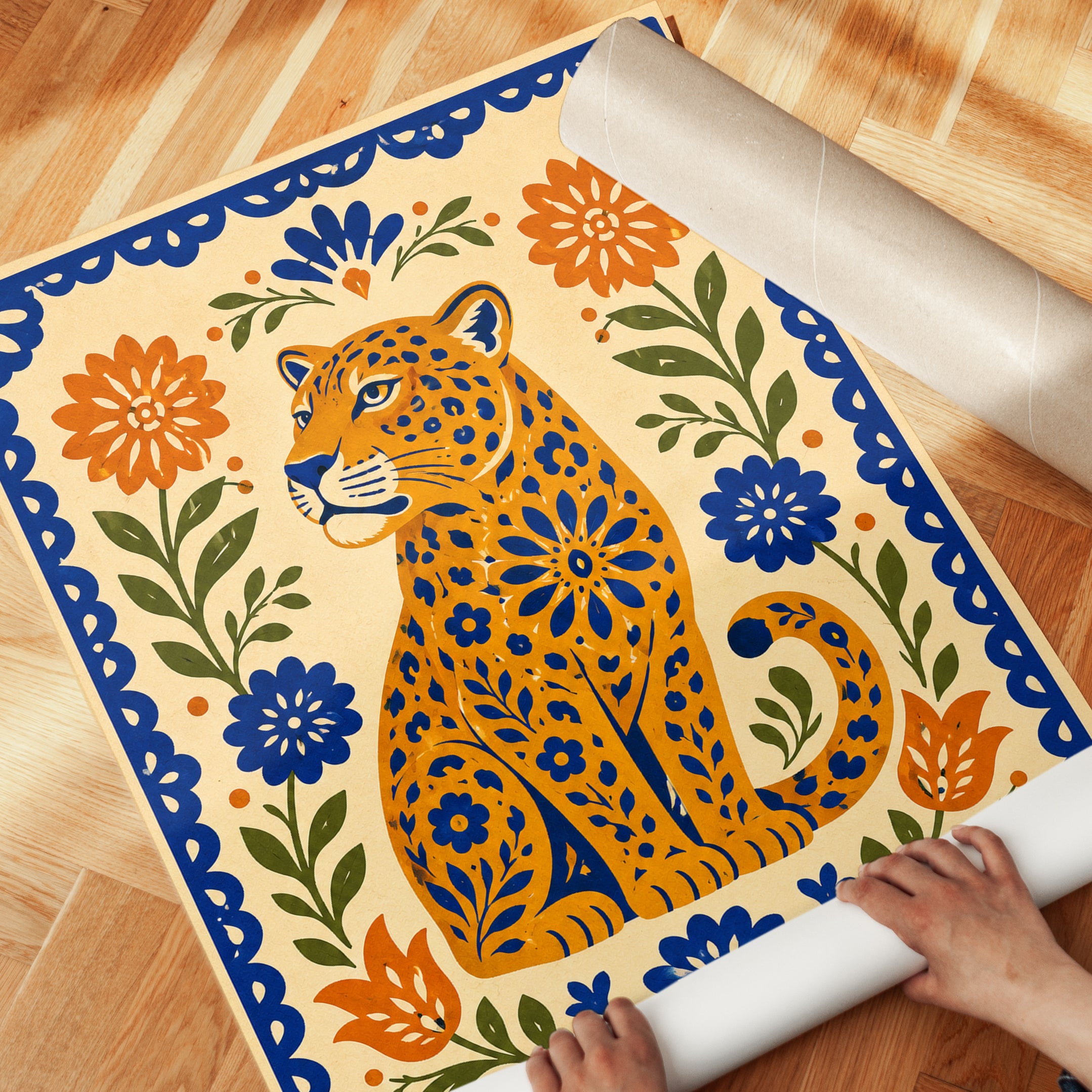 Folk Art Leopard Print – Floral Animal Wall Art - detail