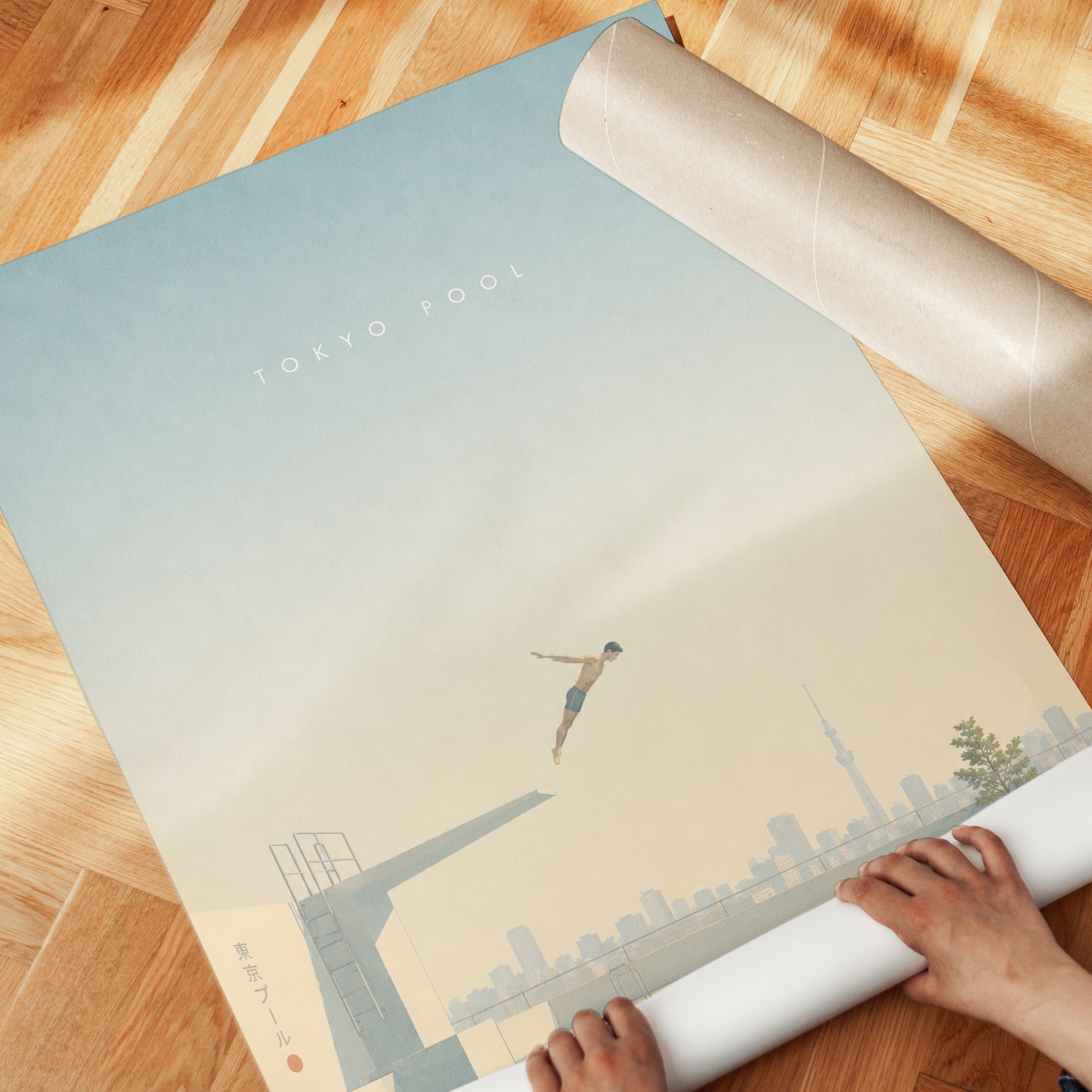 Tokyo Pool Diver Art Print: Minimalist Urban Architecture Scene - detail