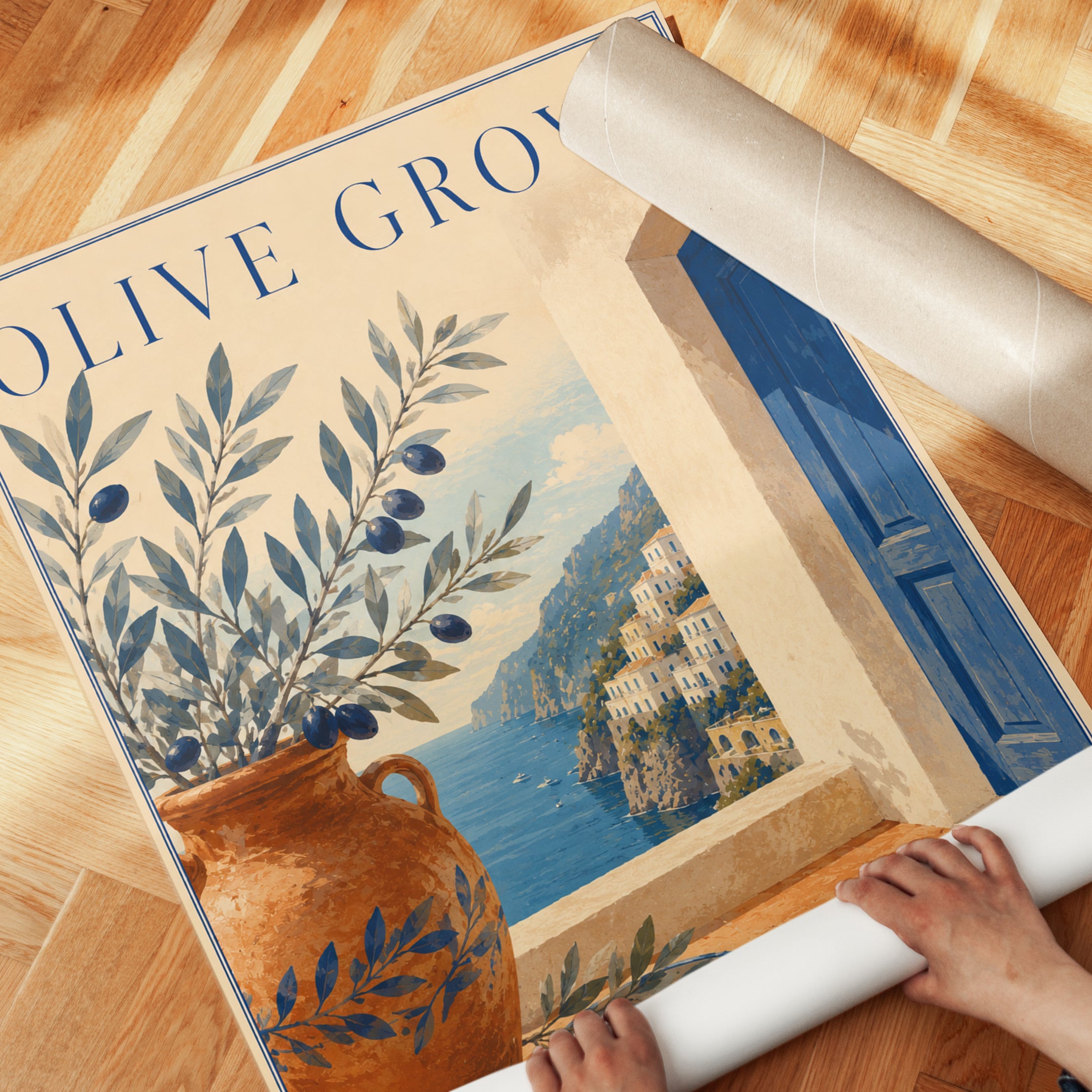 Mediterranean Wall Art: Olive Grove Scene - detail