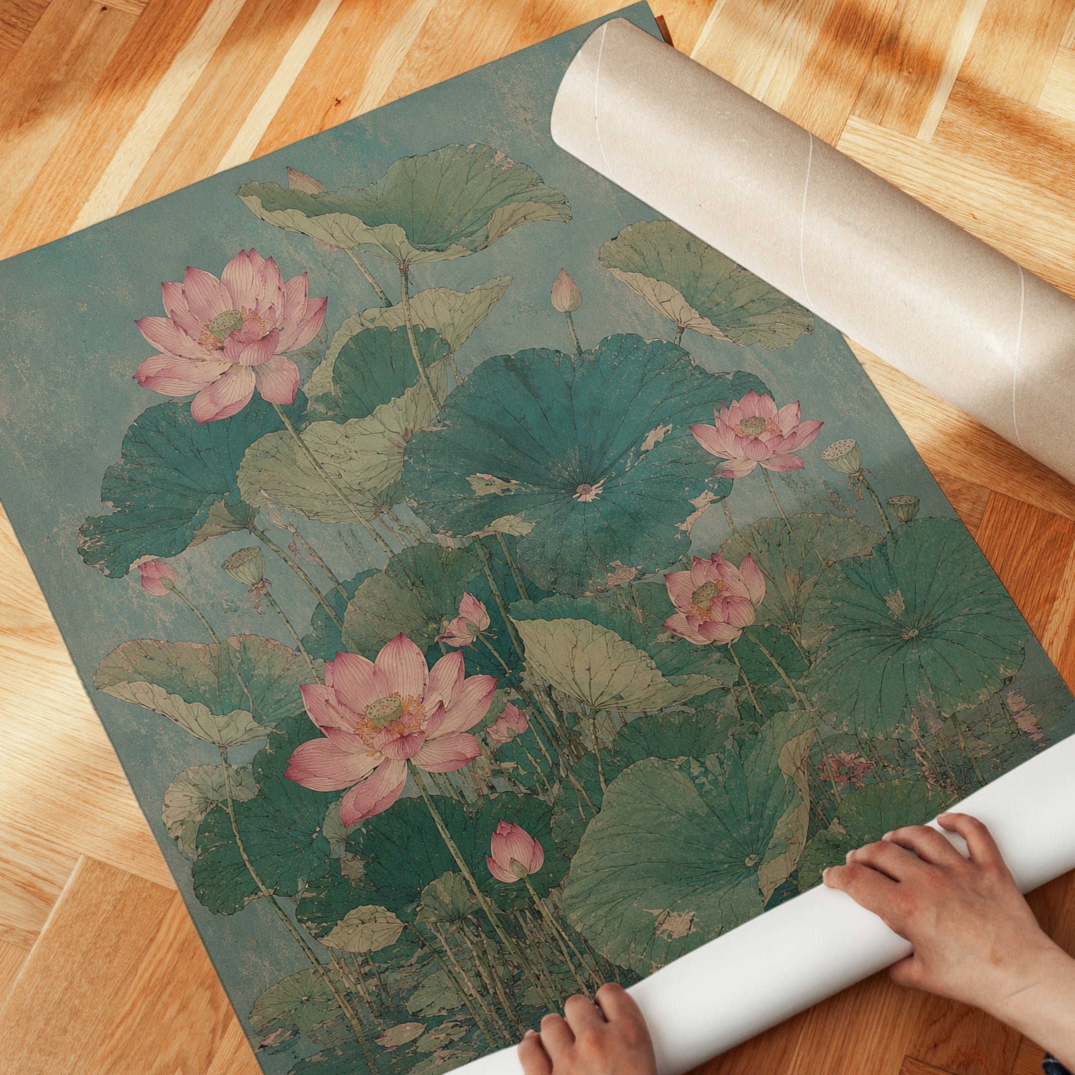 Pink Lotus Flowers Art Print: Vintage Asian Botanical Style - detail