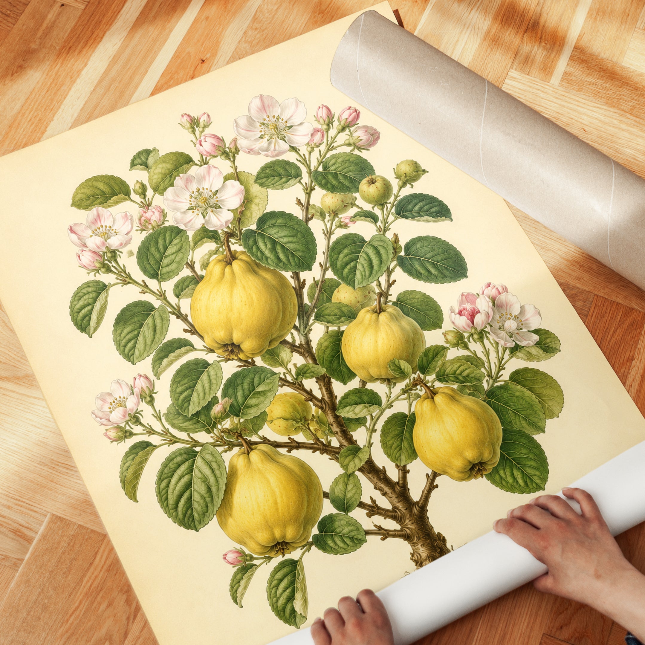 Vintage Quince Botanical Print — Hand-Painted Fruit Tree Illustration - detail