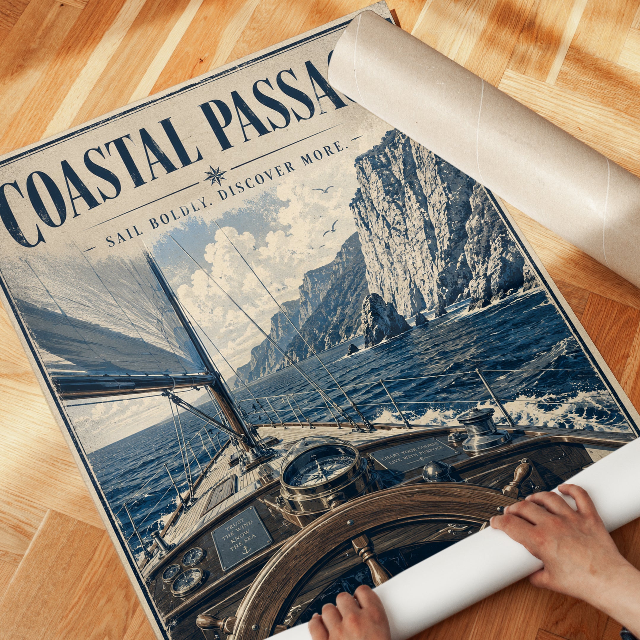 Coastal Sailing Adventure Poster: Vintage Nautical Travel Art - detail