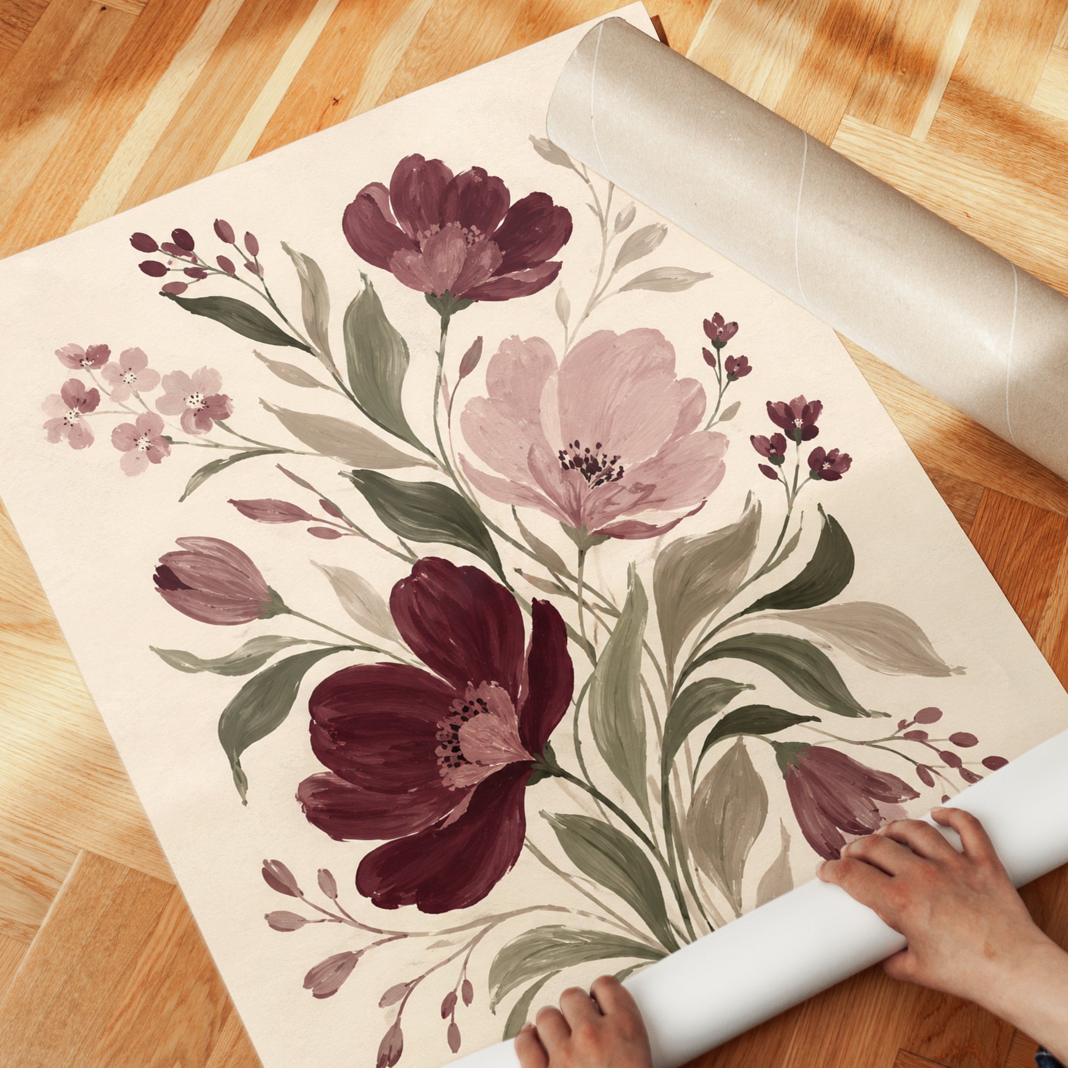 Burgundy Floral Botanical Print: Vintage Watercolor Wall Art - detail