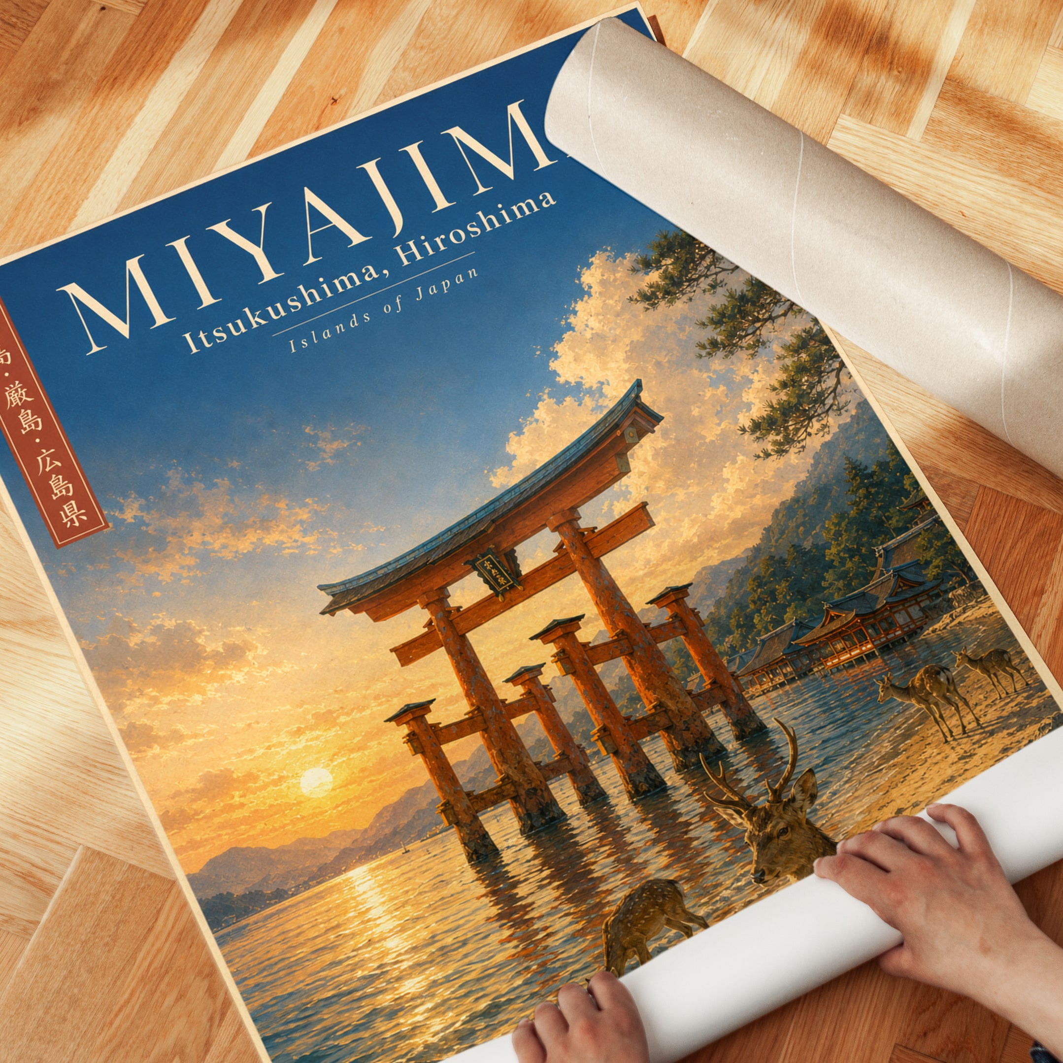 Miyajima Torii Gate Poster: Japanese Sunset with Deer Art Print - detail