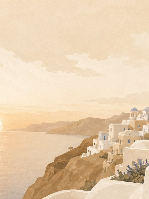 Greek Island Village Poster: Warm Sepia Coastal Architecture - artwork on paper