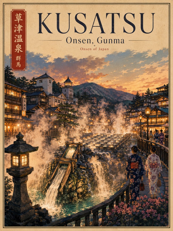 Kusatsu Onsen Hot Springs Poster: Japanese Village Sunset Art - artwork on paper