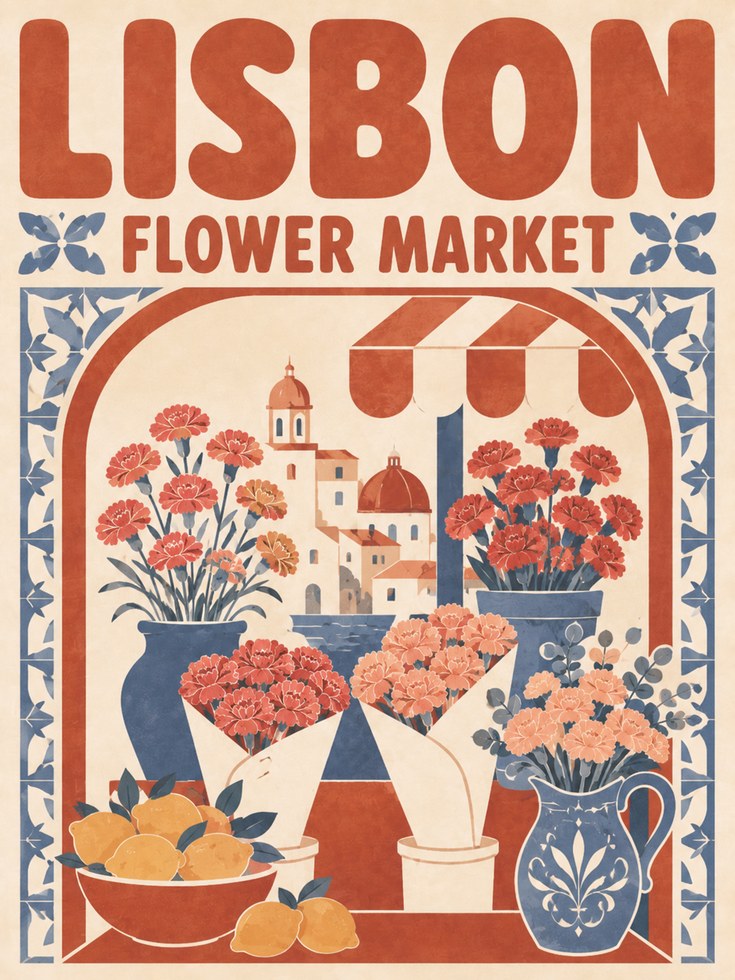 Flower Market Wall Art: Lisbon Travel Poster (Terracotta & Blue Tones) - artwork on paper